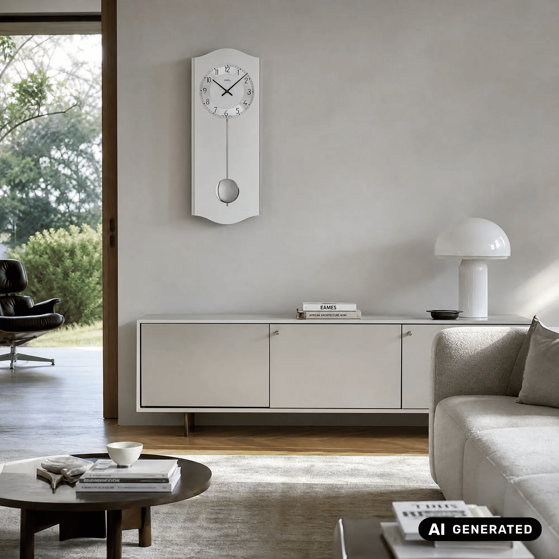 Wanduhr an der Wand mit weißem Zifferblatt und rundem Chrom-Pendelgewicht