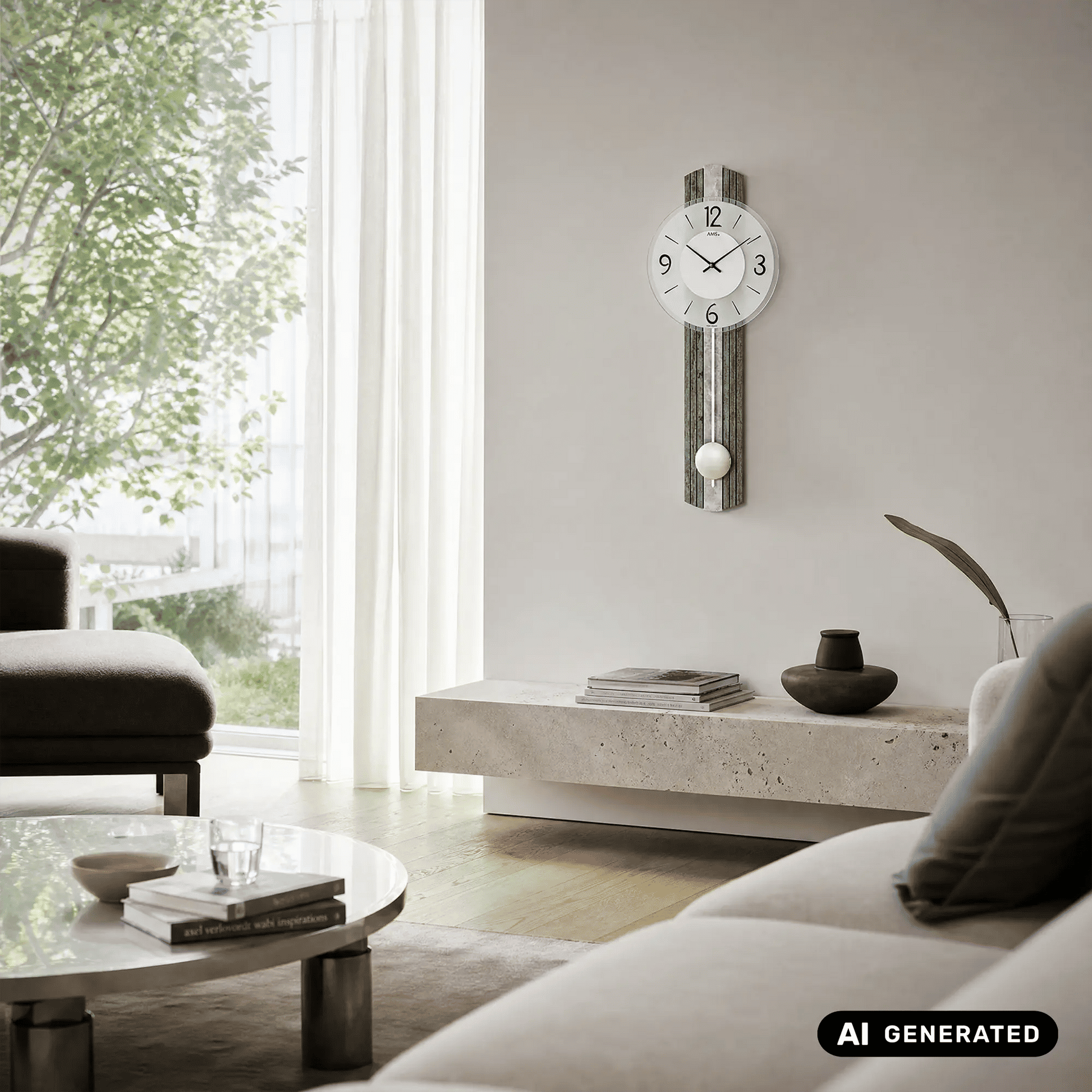 Wanduhr an der Wand mit weißem Zifferblatt, schwarzen Zeigern und silberantiken Streifen