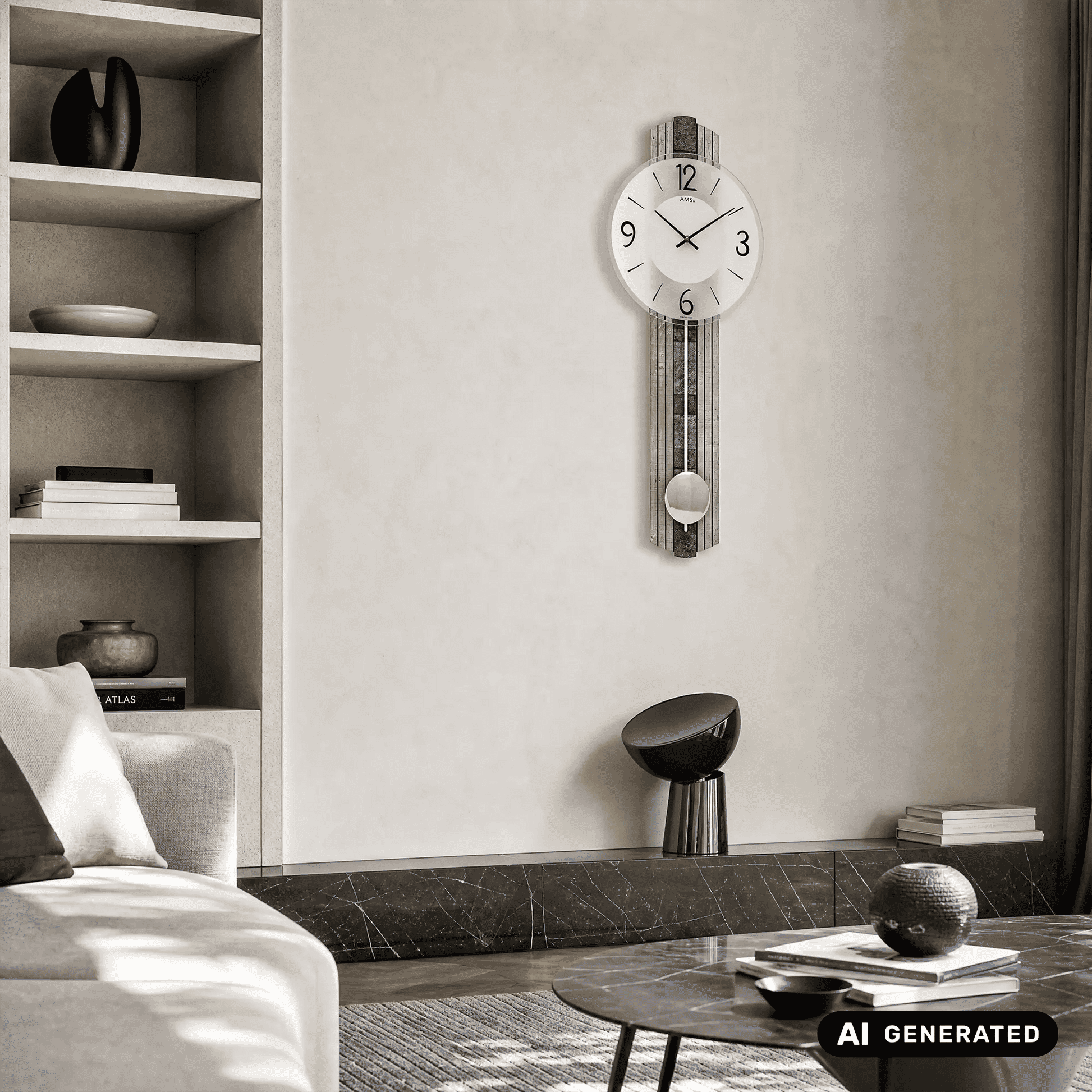 Wanduhr mit weißem Ziffernblatt und steinoptischem Gehäuse, Pendel mit Kugel