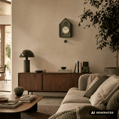 AMS Design W7497 Pendeluhr • Echte Mooseinlage • Quarzwerk mit Kuckucksruf