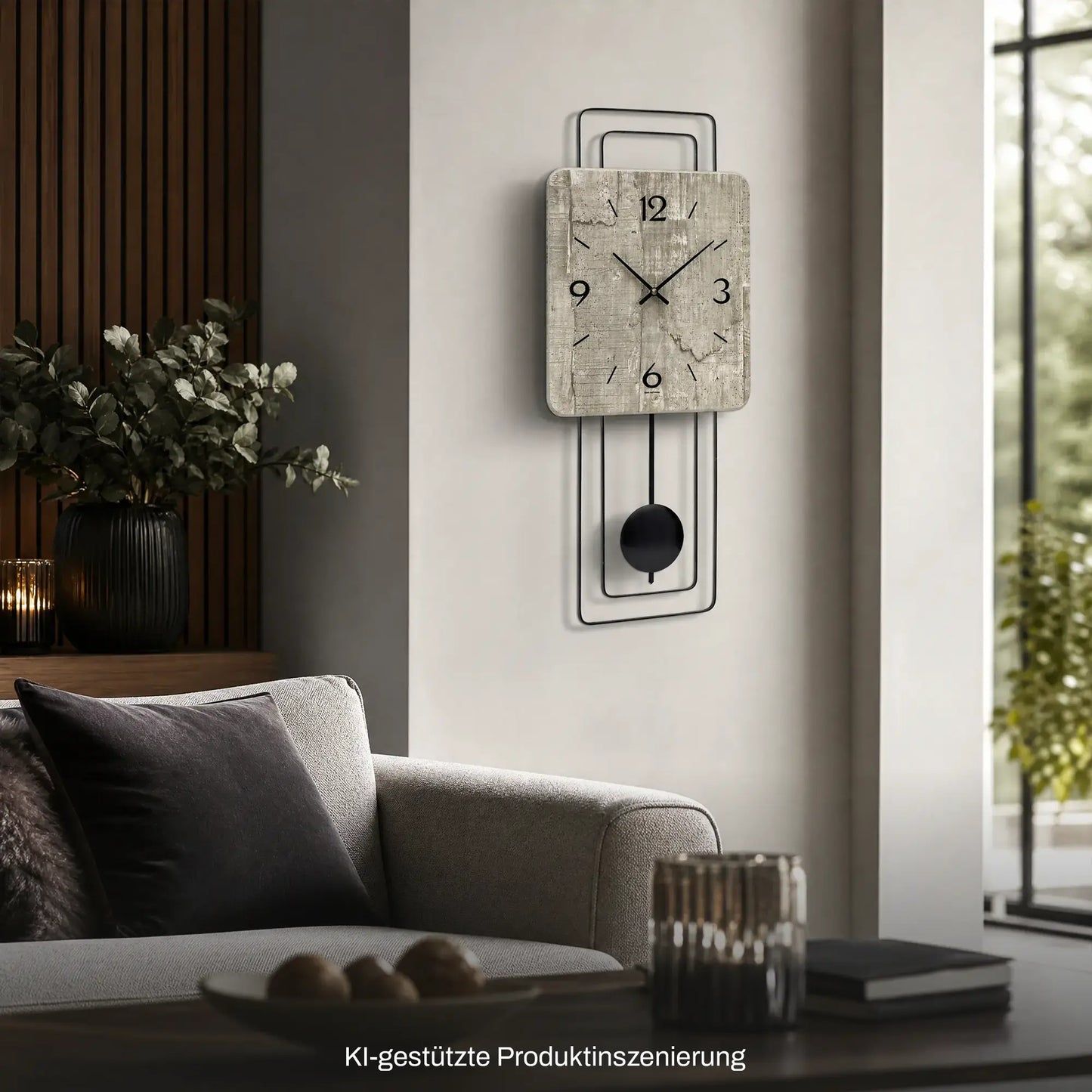 Wanduhr mit Betonoptik-Gehäuse und Pendelwerk im quadratischen Rahmen, an der Wand