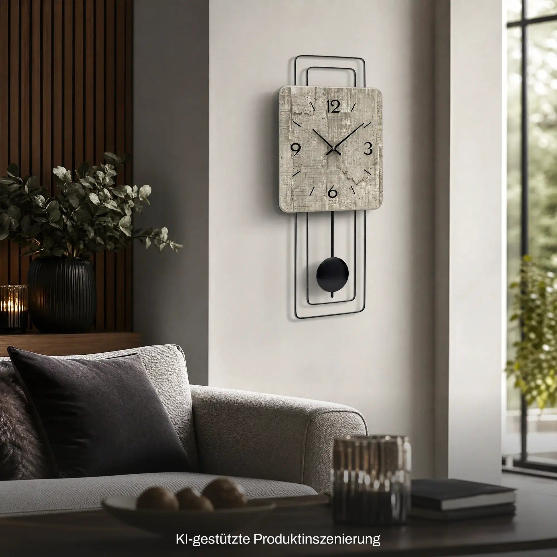 Wanduhr mit Betonoptik-Gehäuse und Pendelwerk im quadratischen Rahmen, an der Wand