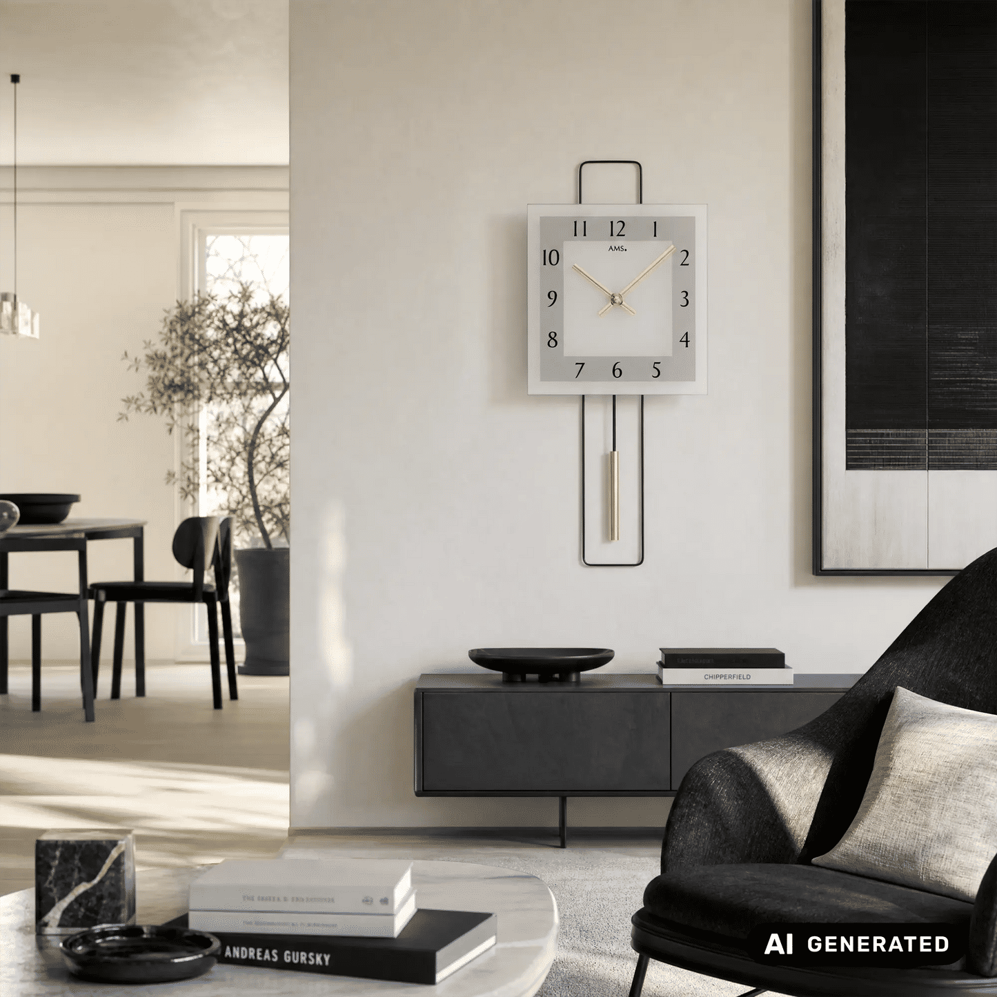 Zegar ścienny AMS W7505 złoty • Mechanizm kwarcowy z wahadłem • Metalowy design