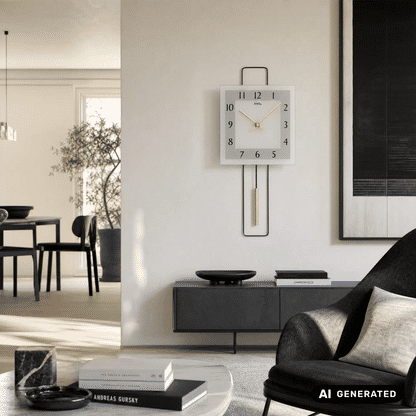 Zegar ścienny AMS W7505 złoty • Mechanizm kwarcowy z wahadłem • Metalowy design