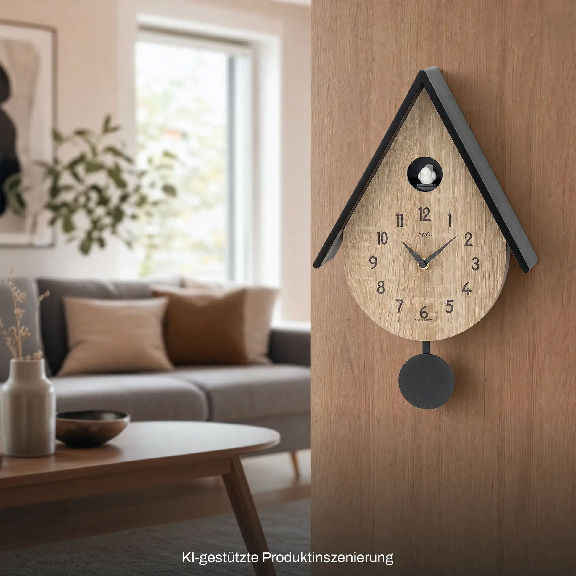 Wanduhr im Kuckucksstil mit Holzoptik und schwarzem Dach und Pendelgewicht