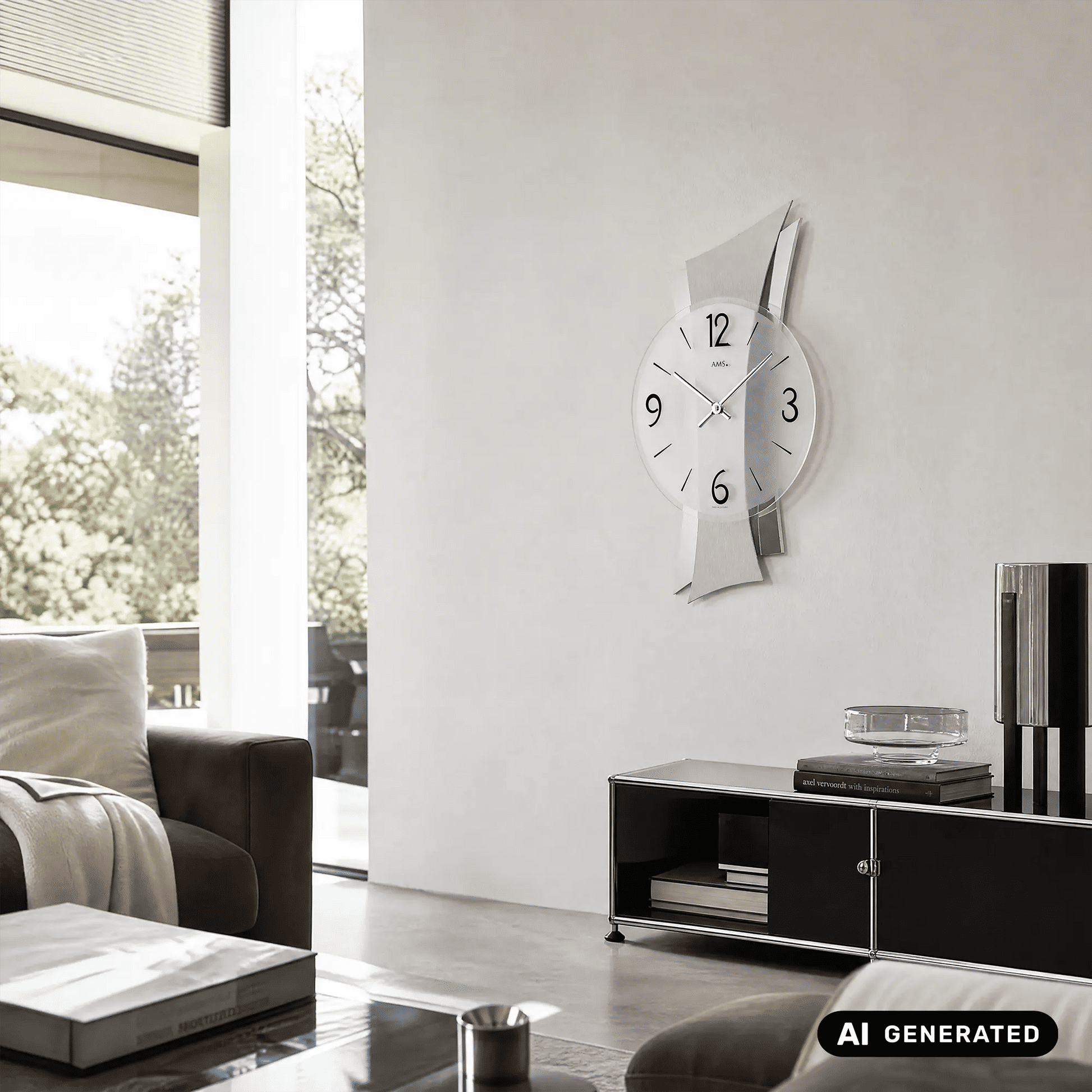 AMS Remini Wanduhr mit weißem Ziffernblatt, silberner Aluminiumform und schwarzen Markierungen