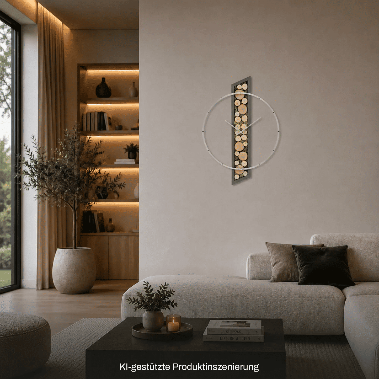 Wanduhr an der Wand: runder Aluminiumrahmen mit Holz-Moos-Segmenten in Vertikalform