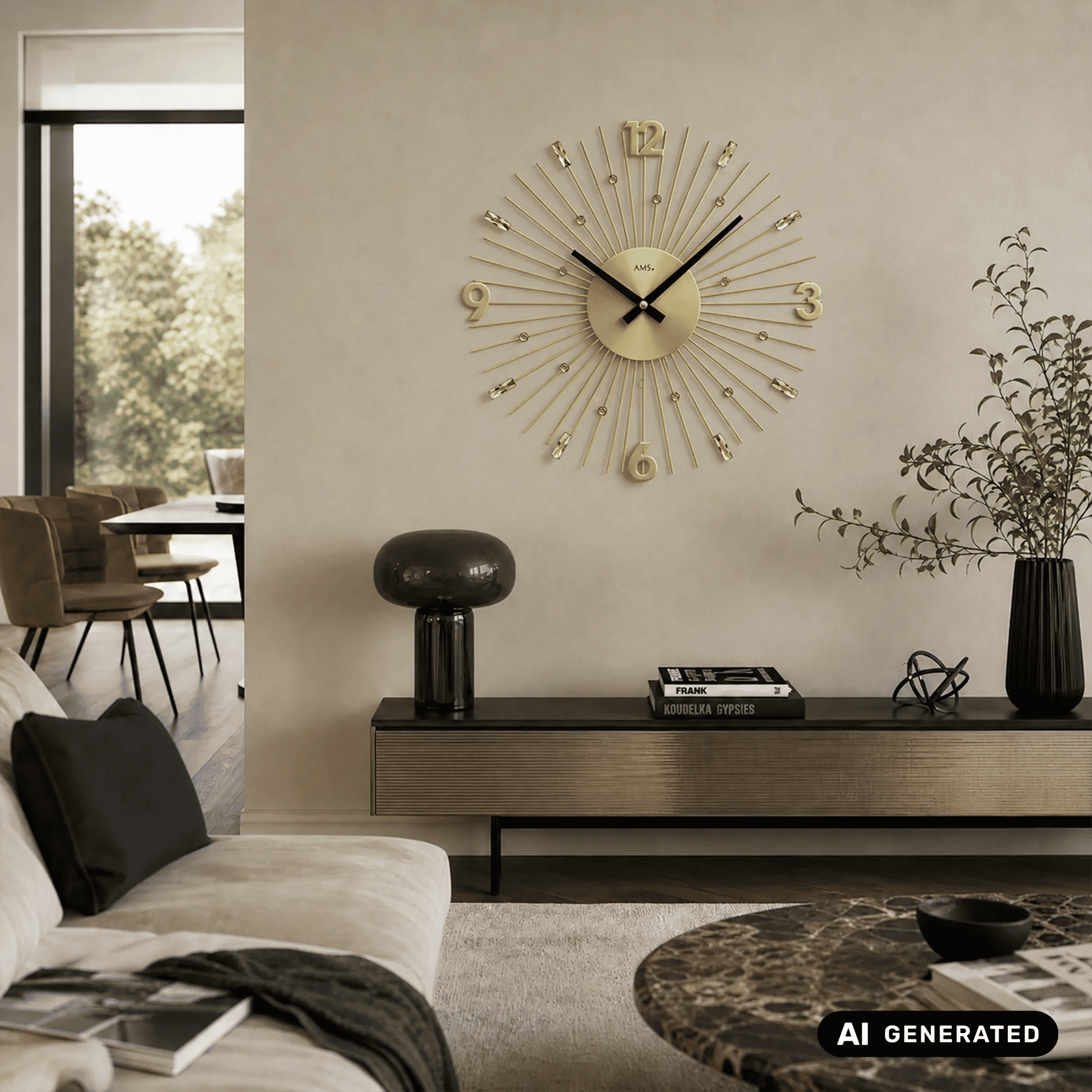 Wanduhr an der Wand: goldfarbenes Ziffernblatt mit schwarzen Zeigern und Metallstäben