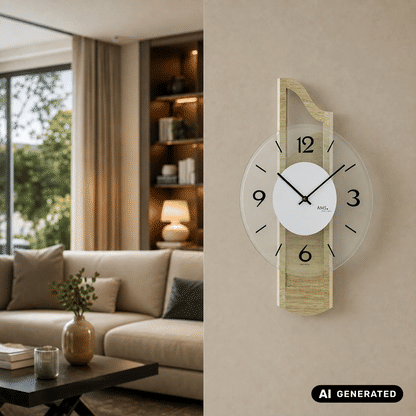 Wanduhr an der Wand mit facettiertem Glaszifferblatt und Holzgehäuse in Sonoma