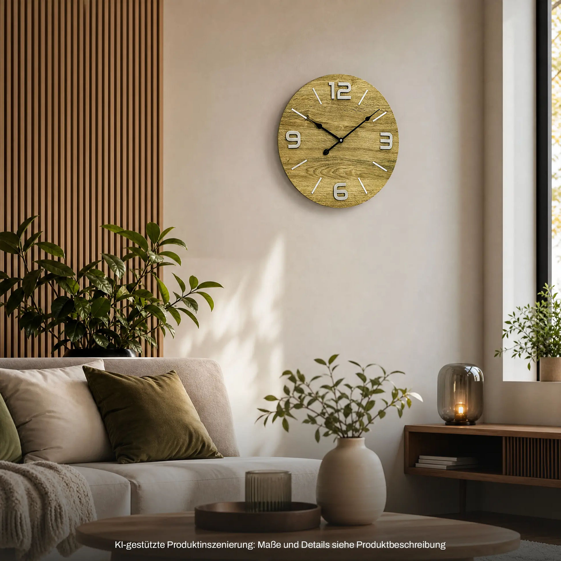 Runde Wanduhr an der Wand mit Holz-Optik-Ziffernblatt, Metallziffern und anthrazit Zeigern