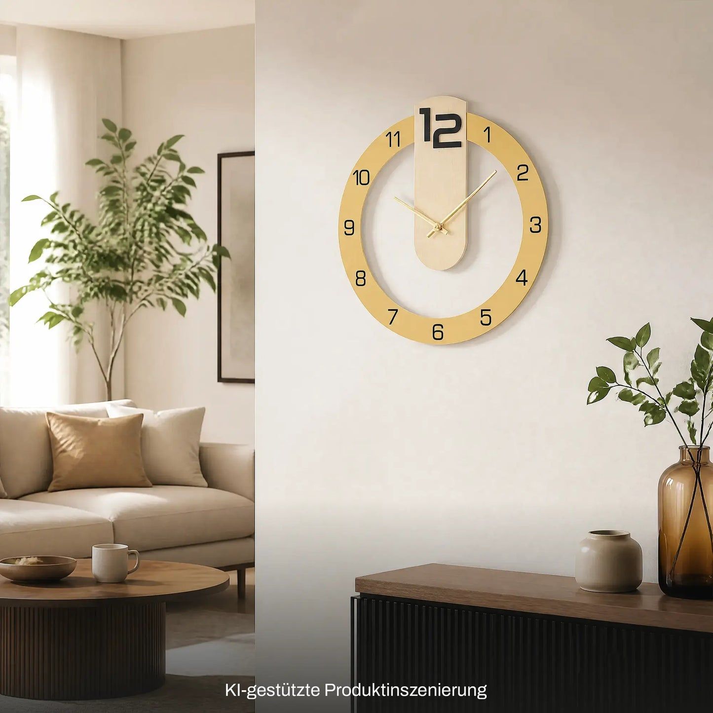 Runde Wanduhr mit goldfarbenem 3D-Ziffernring, goldenen Zeigern und Mineralglasfront.