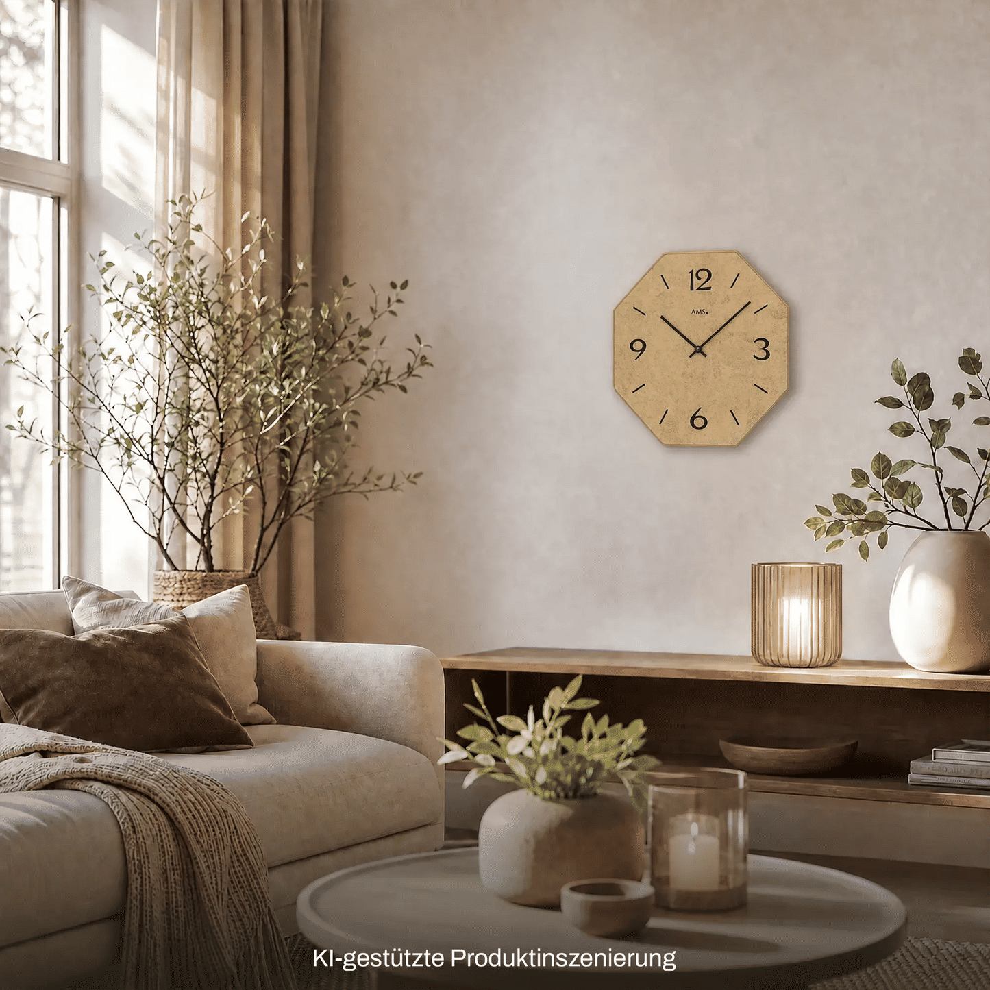 Wanduhr mit Holzgehäuse in Achteckform, Zifferblatt mit 1–12 und schwarzen Zeigern