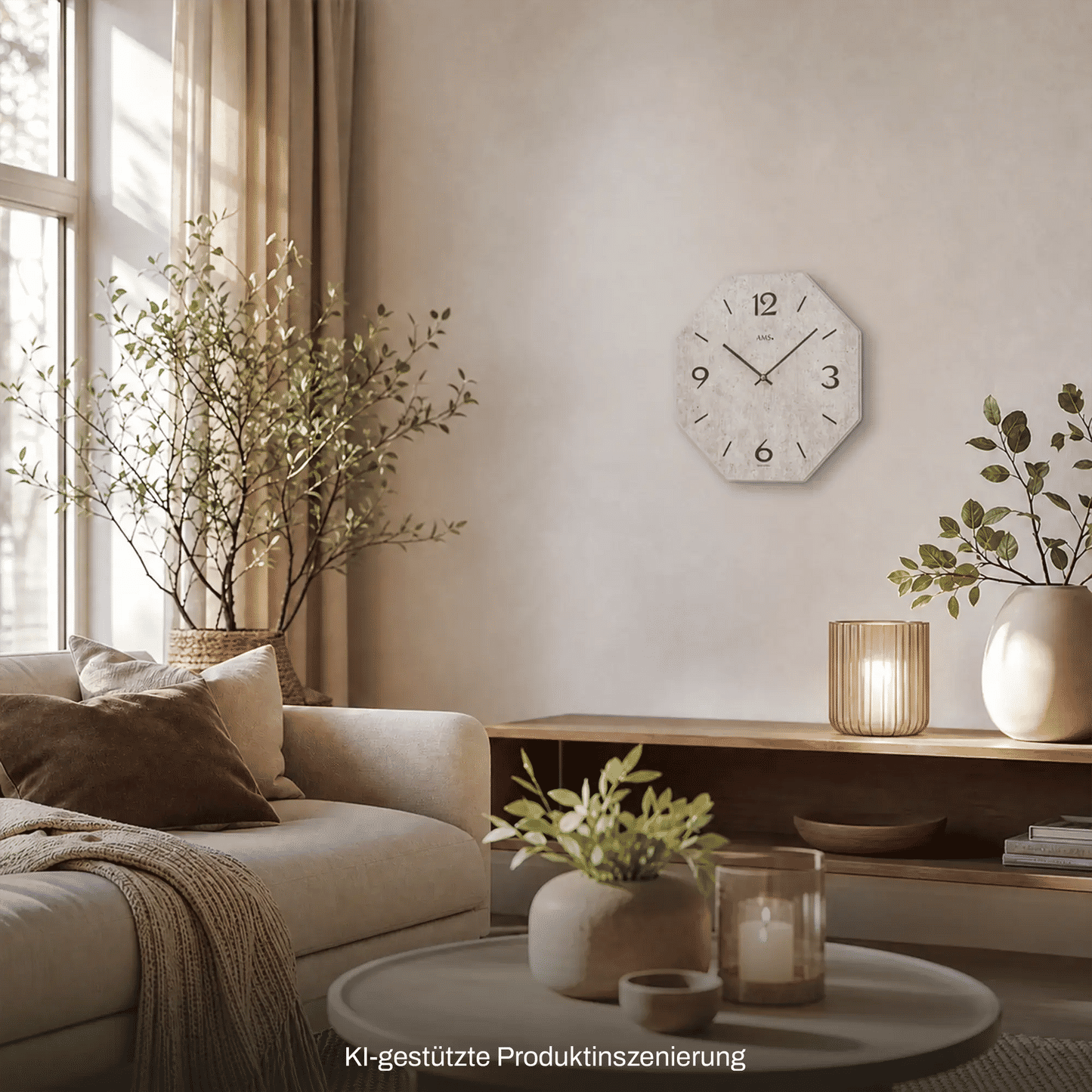 Quarz-Wanduhr mit Holzgehäuse und bedrucktem Zifferblatt, große 12 und arabische Zahlen