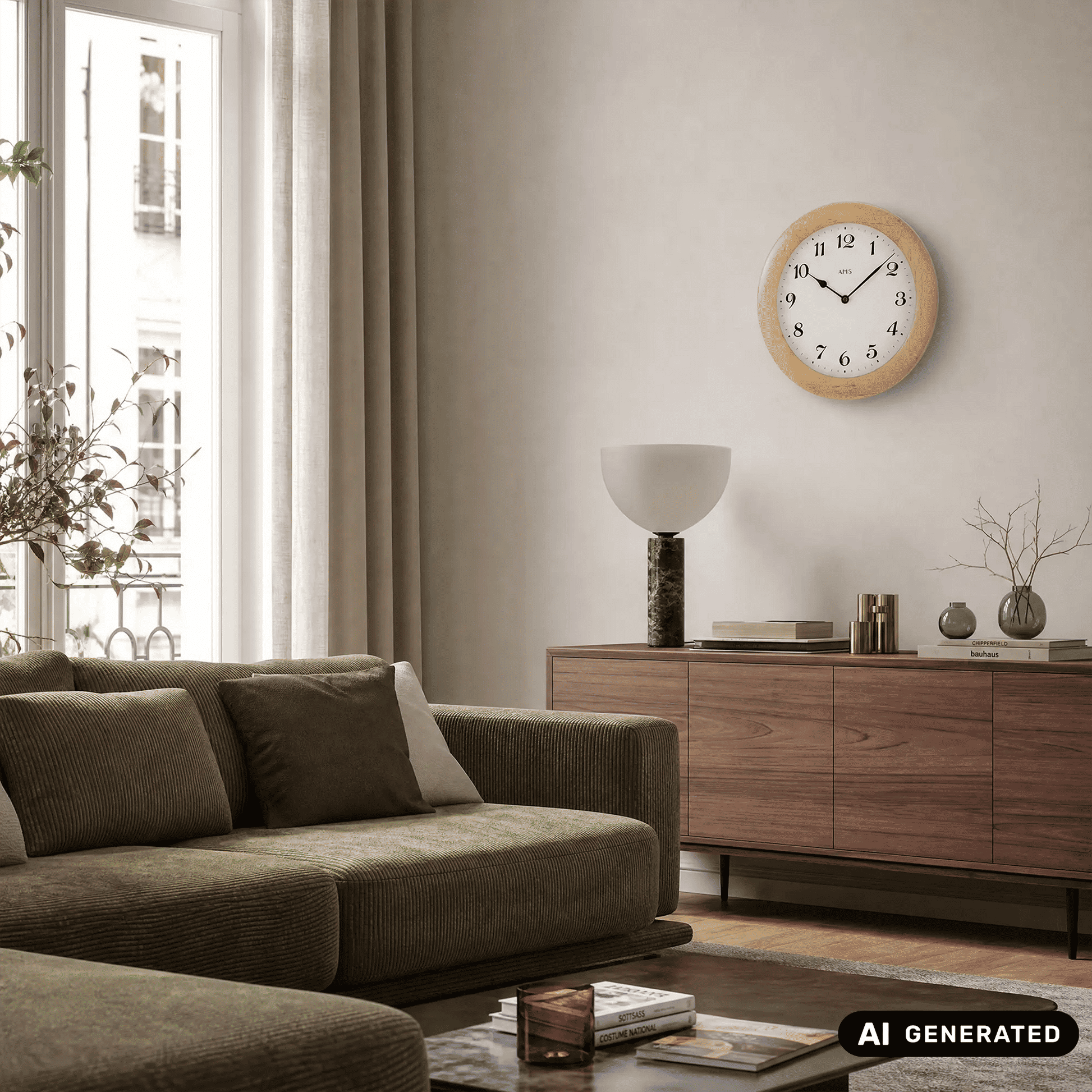 Runde Wanduhr mit hellem Erle-Holzrahmen und weißem Ziffernblatt, schwarze Zahlen, AMS