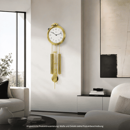 Wanduhr mit rundem Zifferblatt und goldfarbenem Pendel, mehrere hängende Gewichtselemente