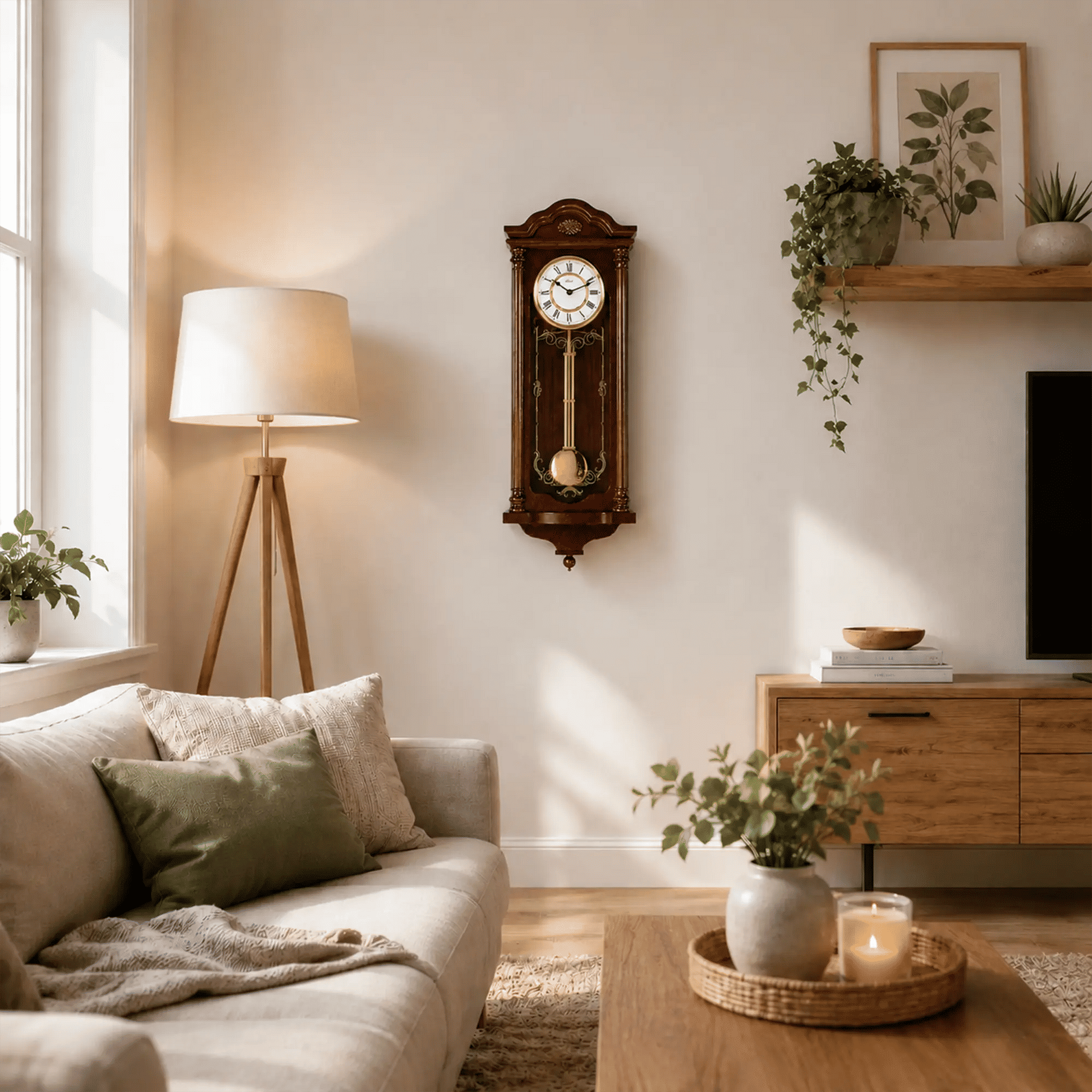 Braune Holz-Wanduhr an der Wand mit römischen Ziffern und goldfarbener Glocke