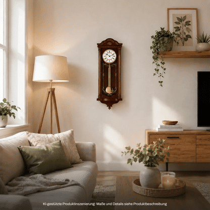 Wanduhr in dunklem Holzgehäuse mit Glasfront, goldenem Pendel und römischem Zifferblatt