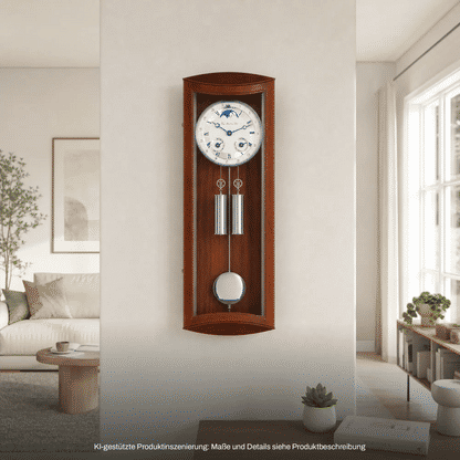 Holzwanduhr an der Wand, rundes Zifferblatt und Pendel mit Gewichtskugeln