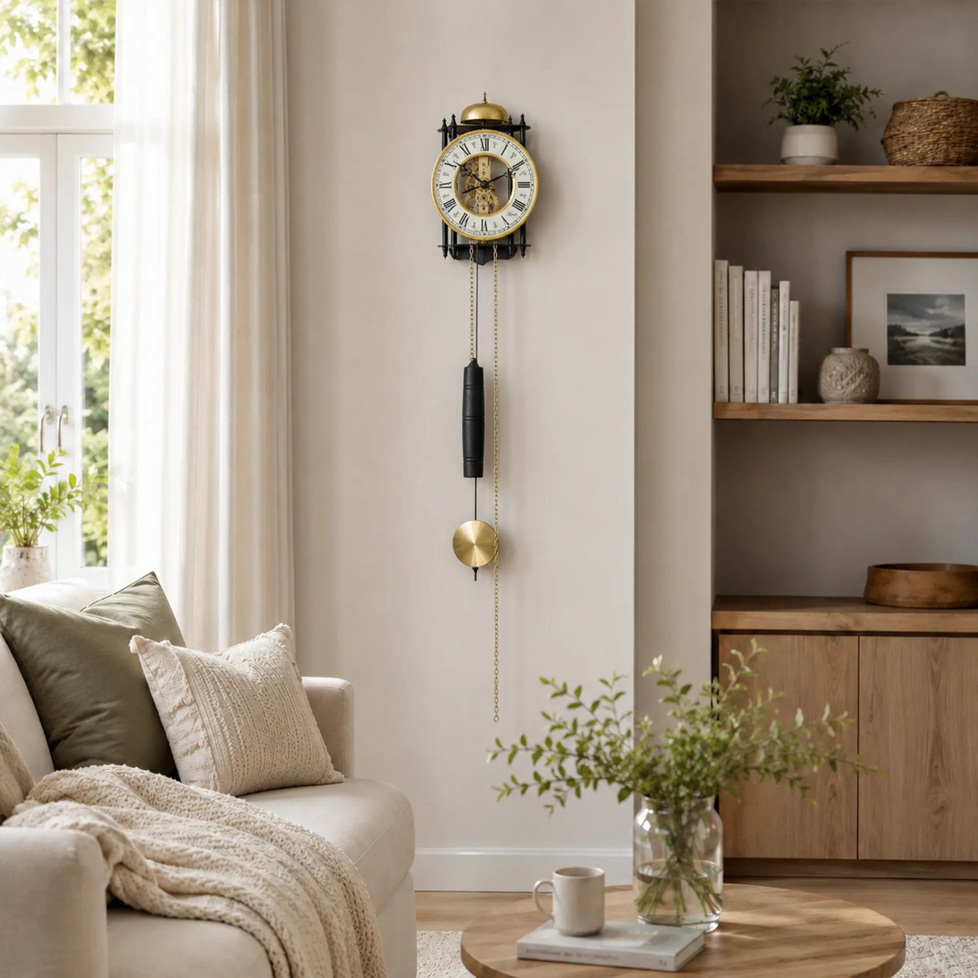 Wanduhr an der Wand mit goldenem Zifferblatt und schwarzem Pendel
