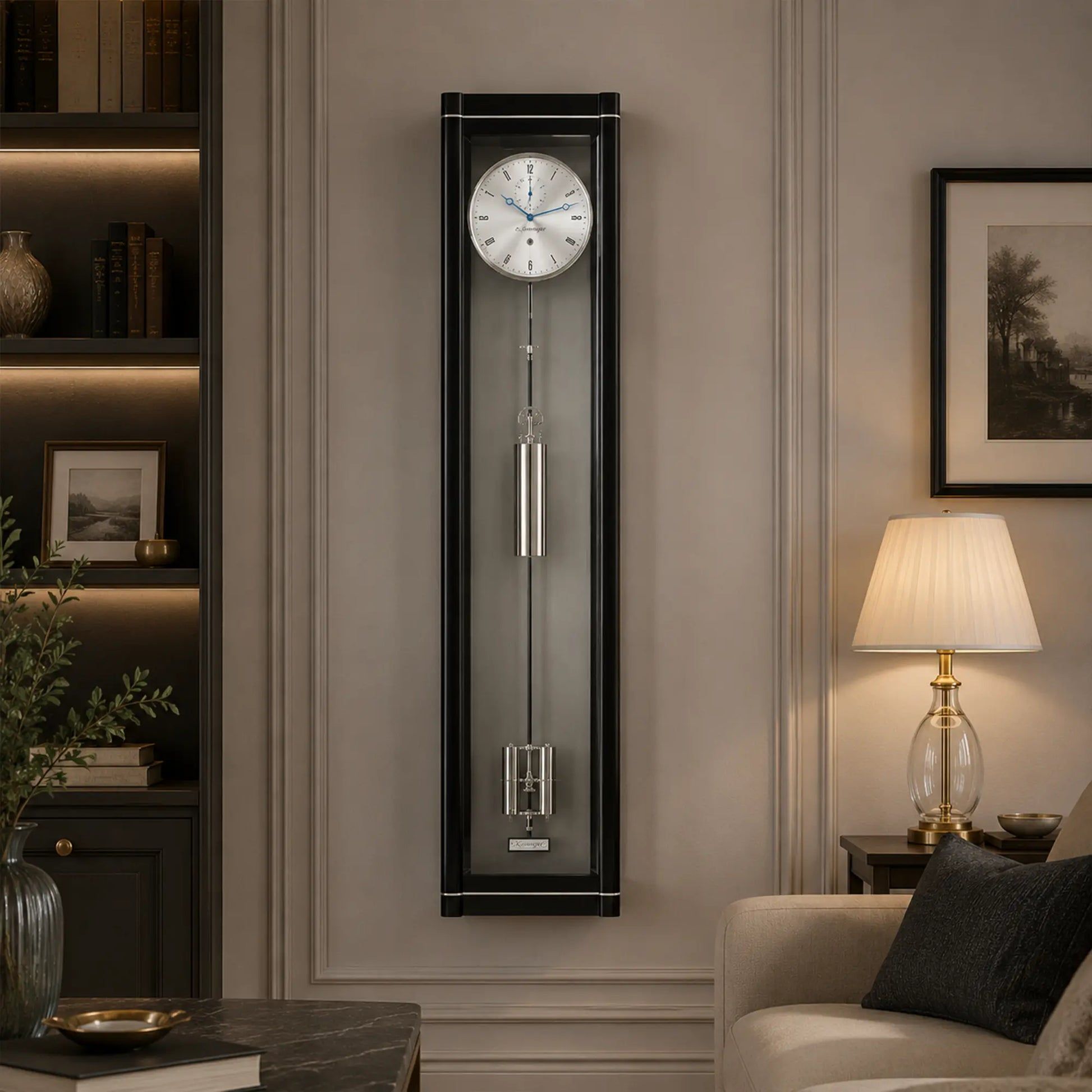 Wanduhr mit schwarzem Rahmen, rundes Ziffernblatt und Metallpendel im Glas