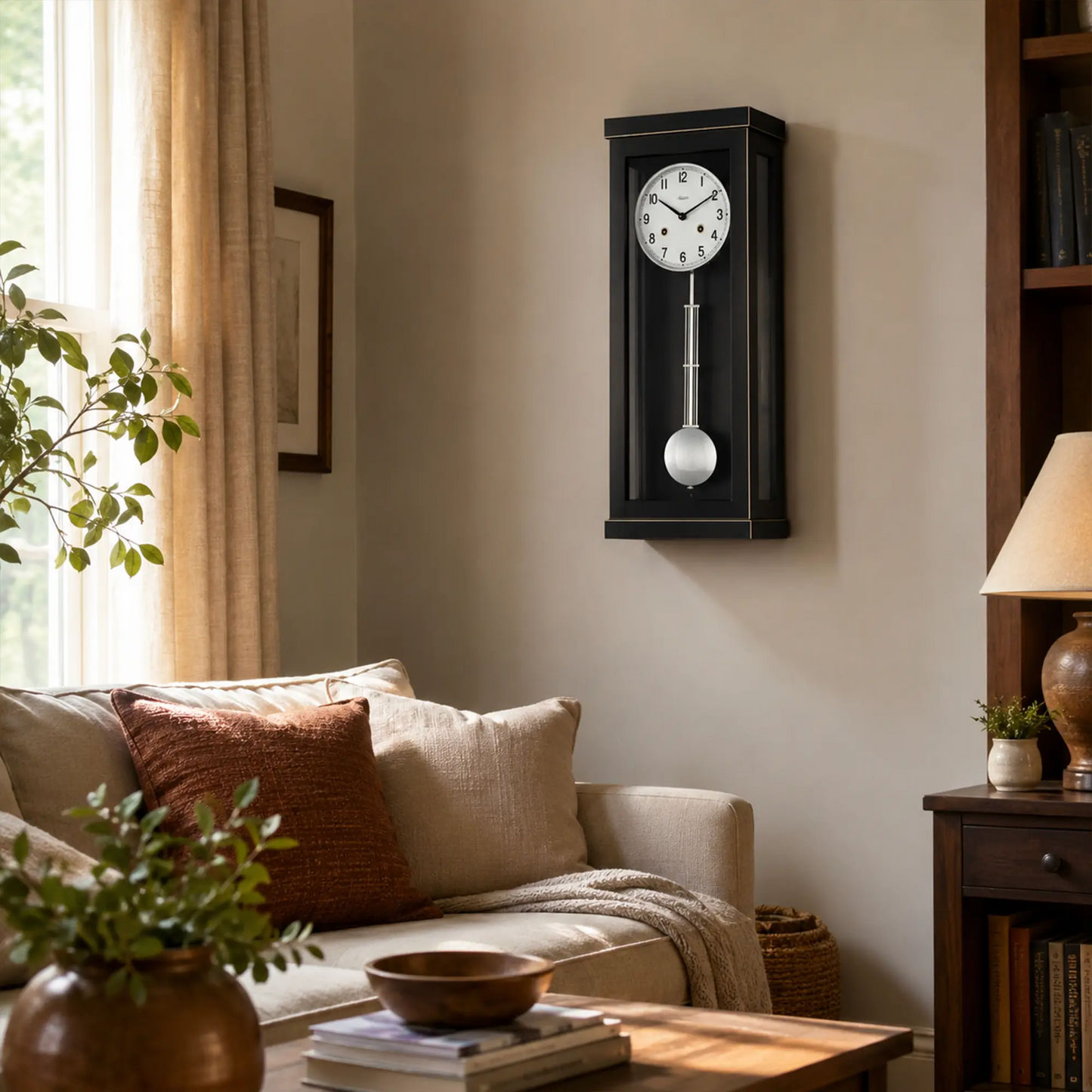 Wanduhr an der Wand mit schwarzem Gehäuse, weißem Ziffernblatt und rundem Pendelgewicht