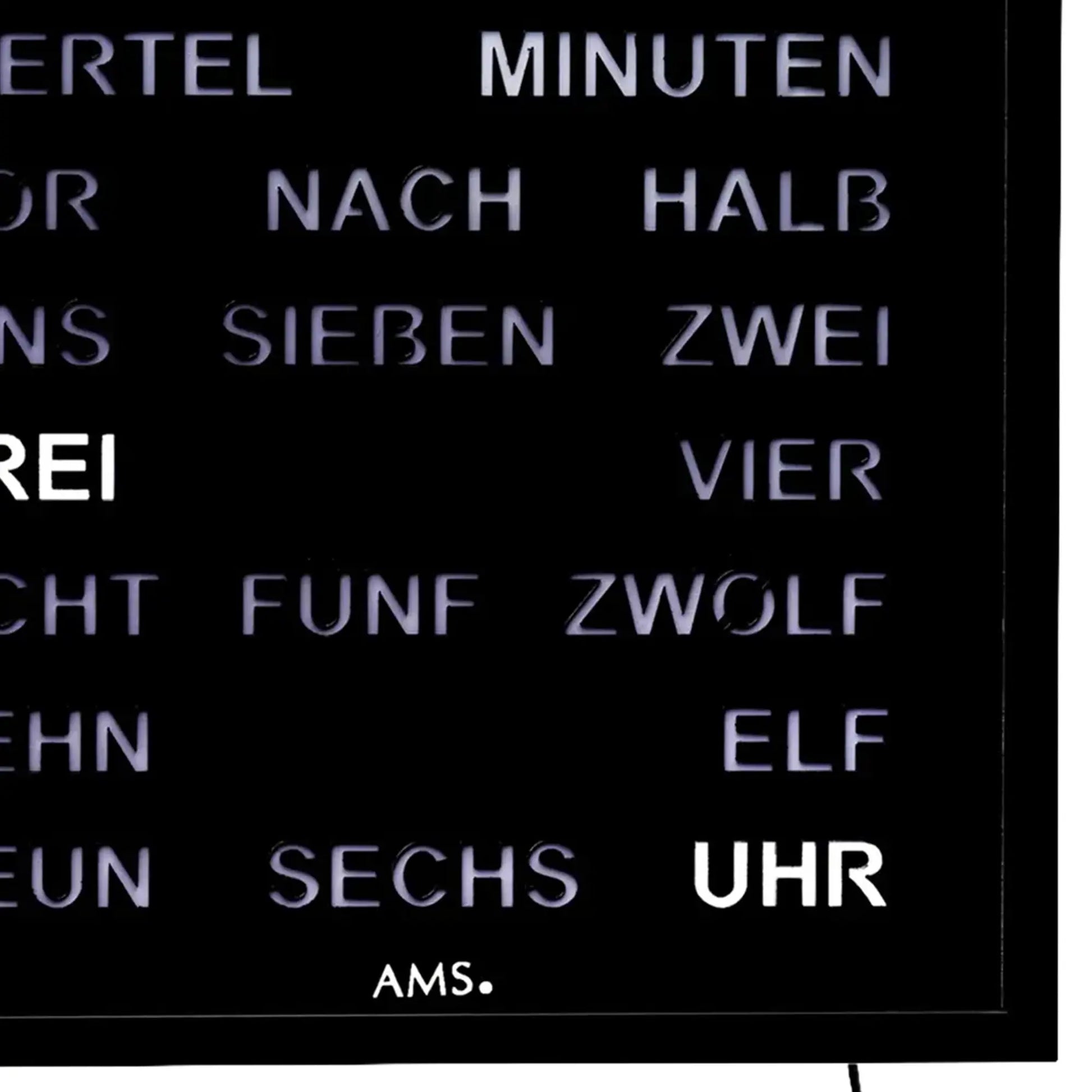 Wanduhr mit LED-Wortanzeige, schwarzes Zifferblatt, Text „ES IST“ und Uhrworte