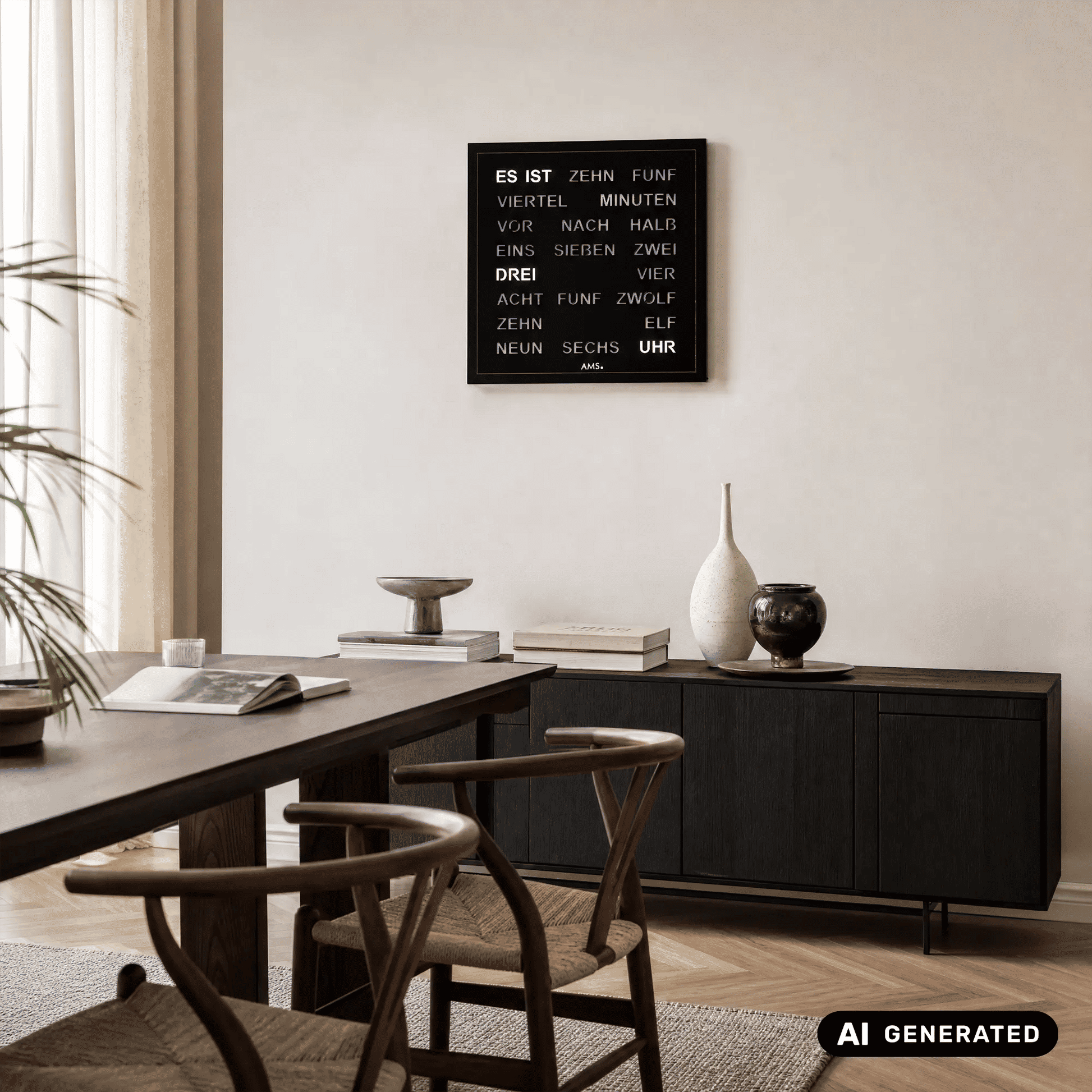 Schwarze Wanduhr mit LED-Wortanzeige an der Wand, Uhrtext im Display