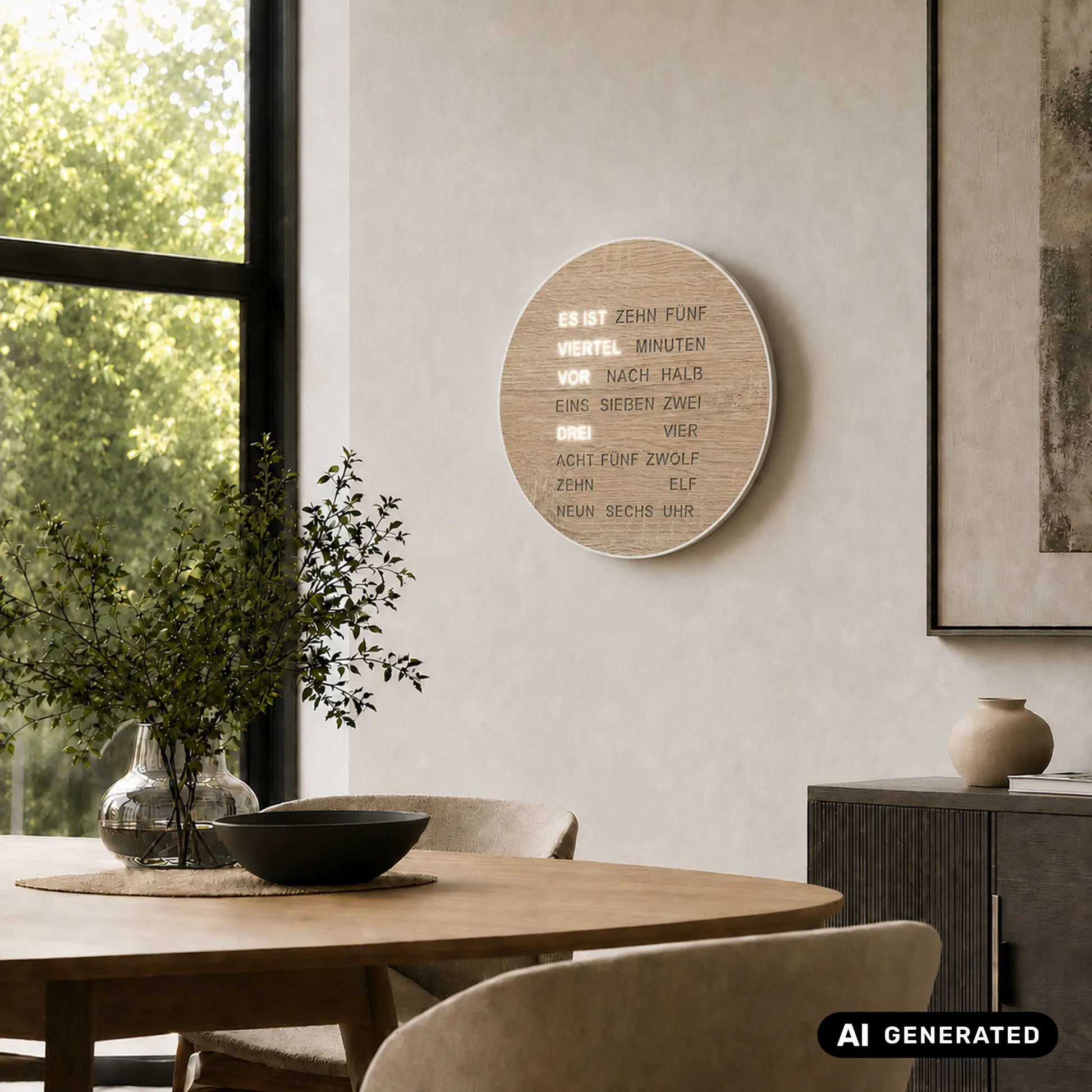 Wanduhr mit rundem Holzoptik-Ziffernblatt und LED-Wortanzeige, leuchtender Text