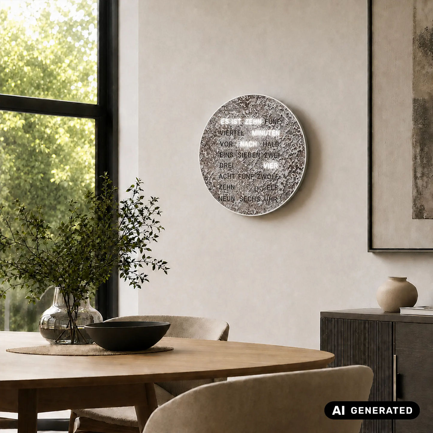 Runde LED-Wortuhr aus Metall mit Wortanzeige, an der Wand platziert
