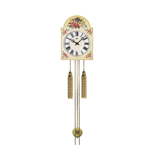 Wanduhr mit floralem Rosendekor, römischem Zifferblatt und goldenen Kettenzug-Gewichten