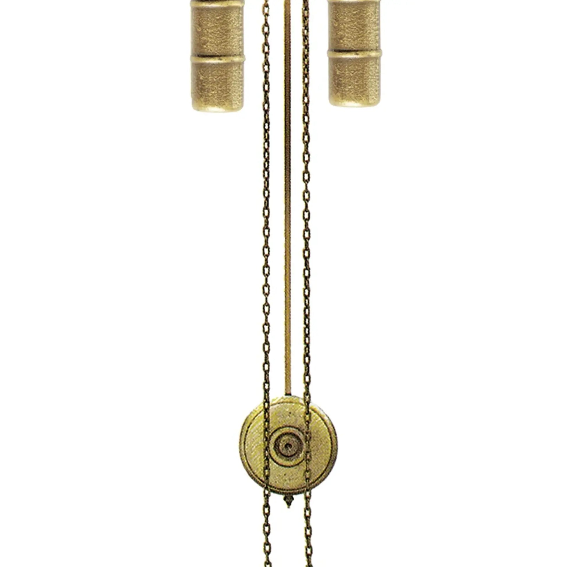 Kettenzug der Wanduhr mit goldenem rundem Pendelteil und zwei Metallketten