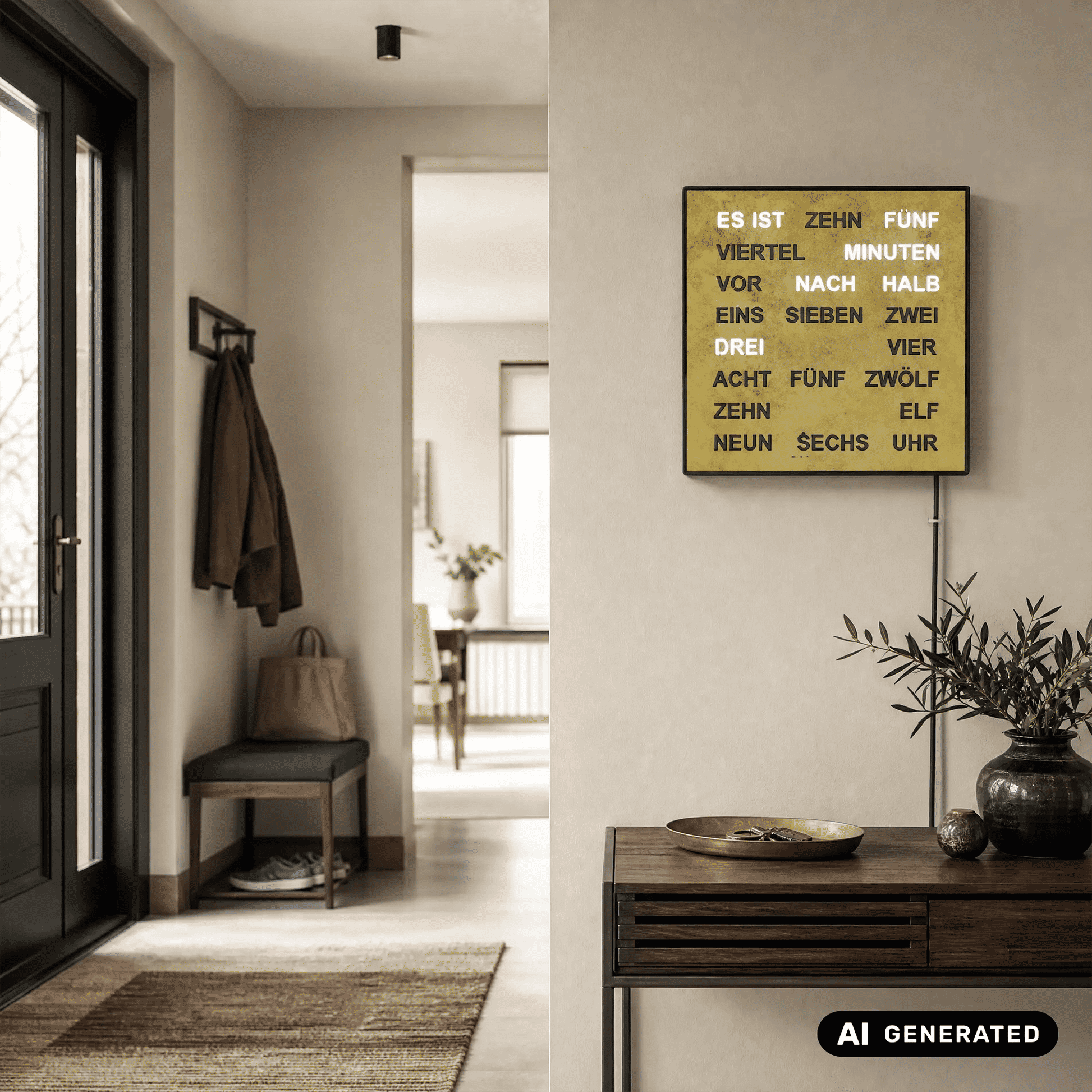 Wortuhr mit LED-Display an der Wand: goldene Anzeigetafel, schwarzer Rahmen, Uhrzeit in Worten