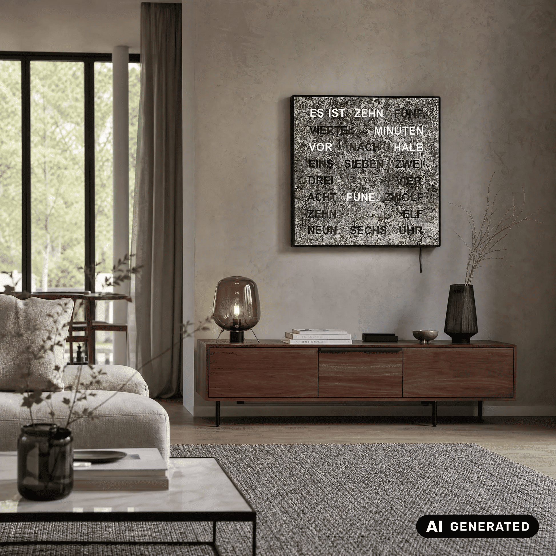 Wanduhr Wortuhr mit LED: quadratische Metalltafel mit silbernem Sprenkelbild und leuchtender Anzeige