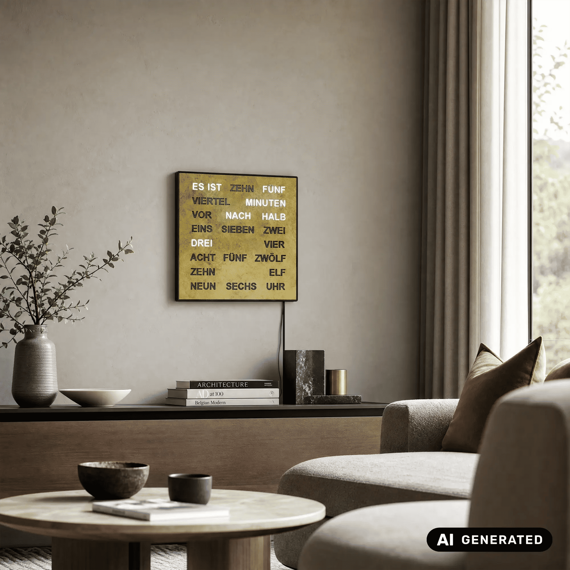 Wortuhr mit LED-Anzeige auf Sideboard-Höhe: goldfarbene Tafel, schwarzer Rahmen, Zeitwörter