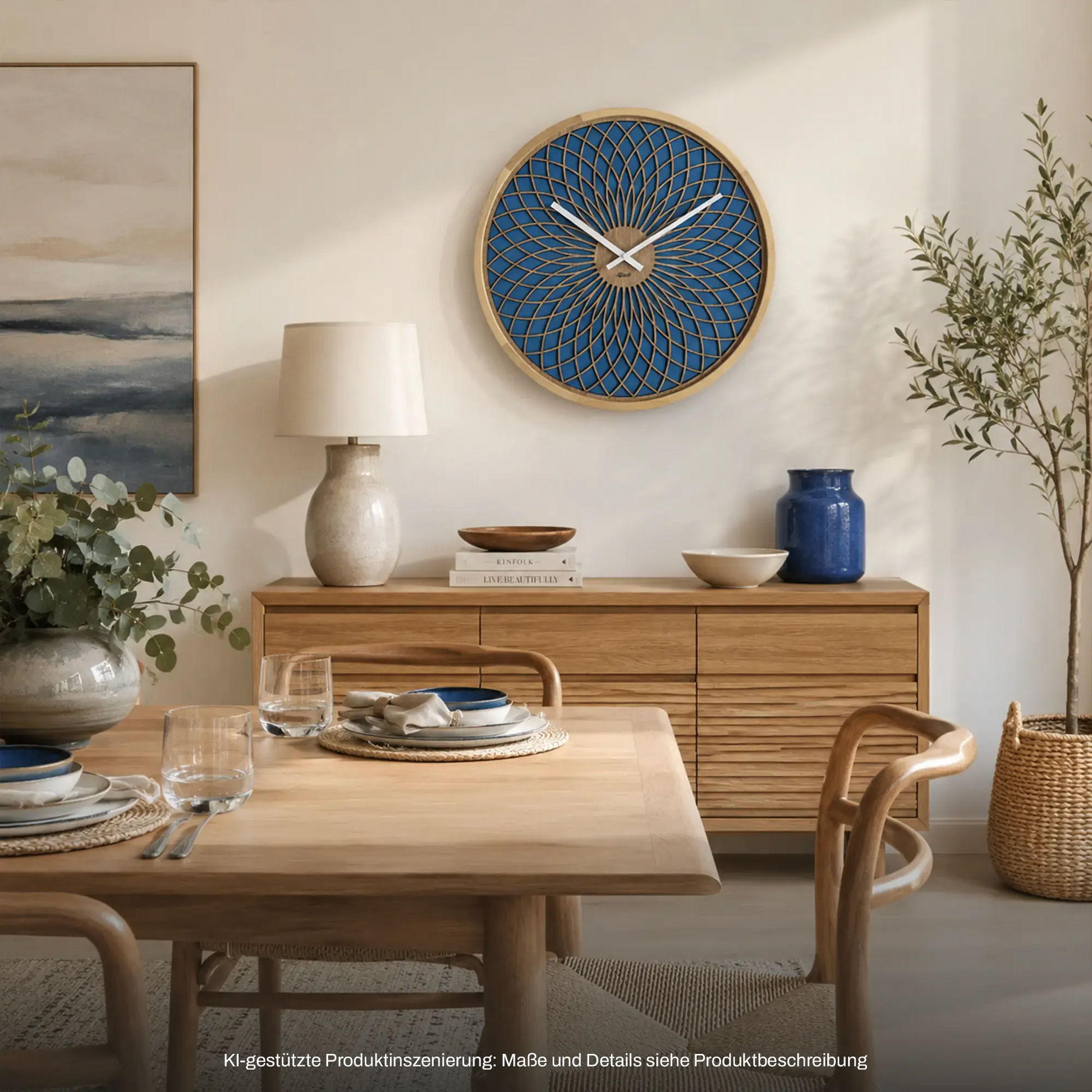 Wanduhr mit rundem Holzrahmen und blauem Zifferblatt mit Fächermuster