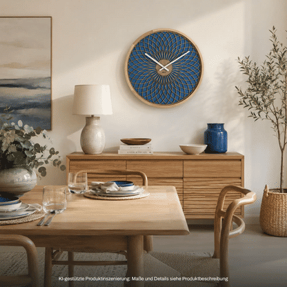 Wanduhr mit rundem Holzrahmen und blauem Zifferblatt mit Fächermuster