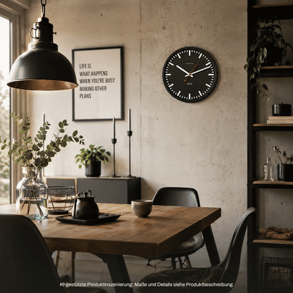 Runde Wanduhr mit schwarzem Zifferblatt, weißen Indexen und roten Zeigern