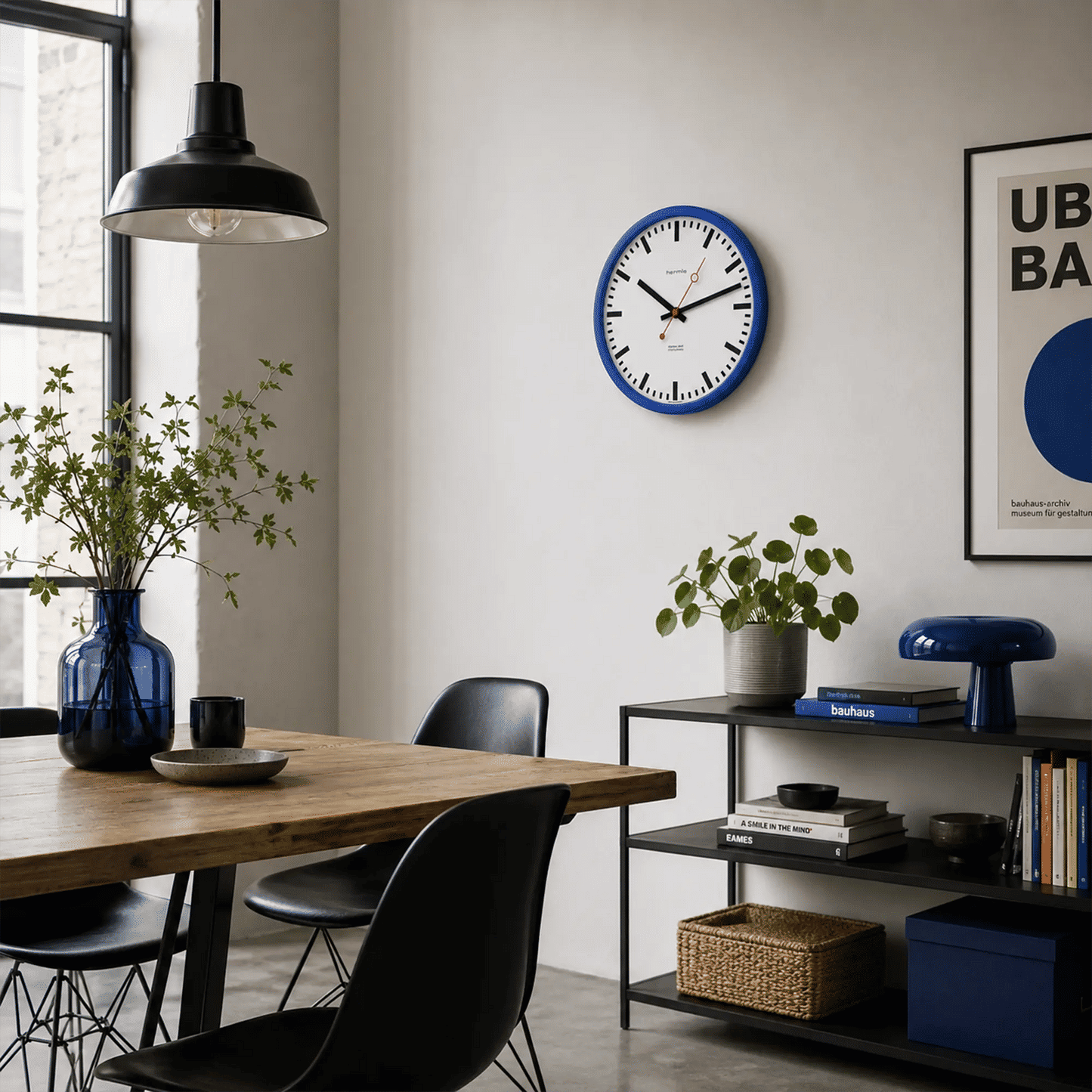 Wanduhr an der Wand mit blauem Rahmen, weißem Ziffernblatt, roten Zeigern und schwarzen Strichmarken