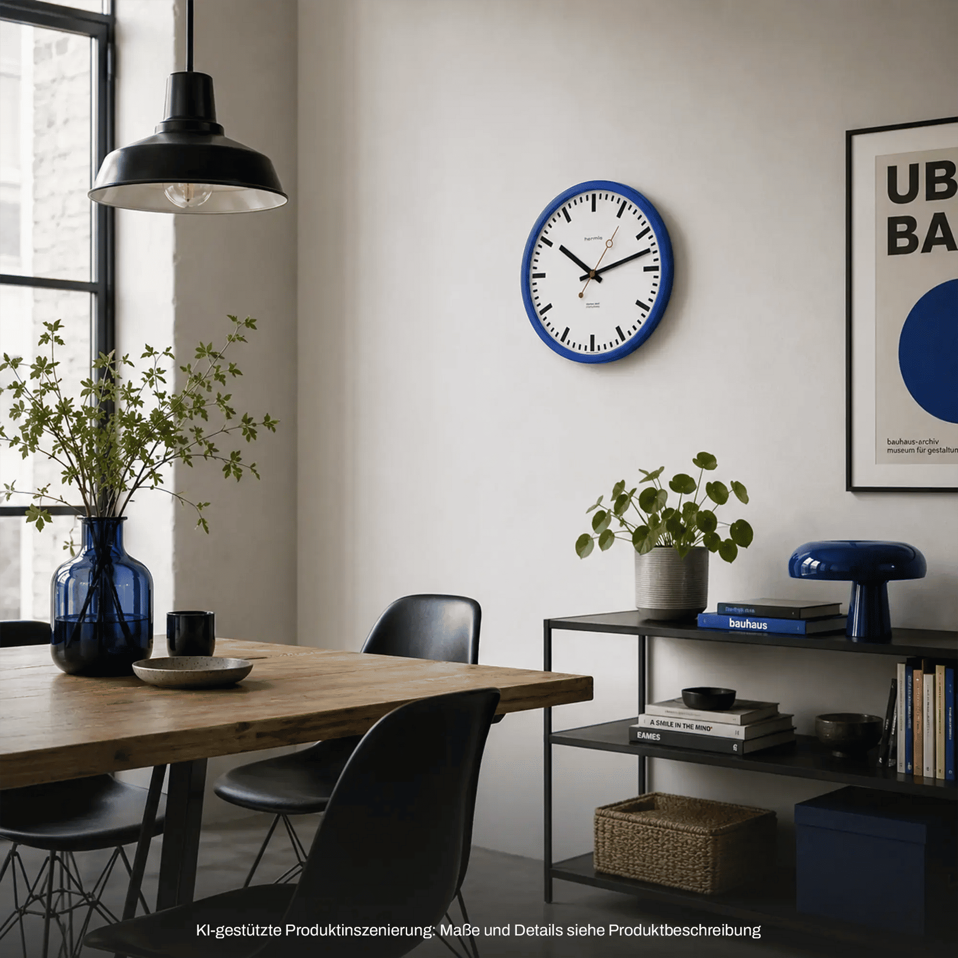 Hermle funkgesteuerte Wanduhr mit weißem Zifferblatt und blauem Rand