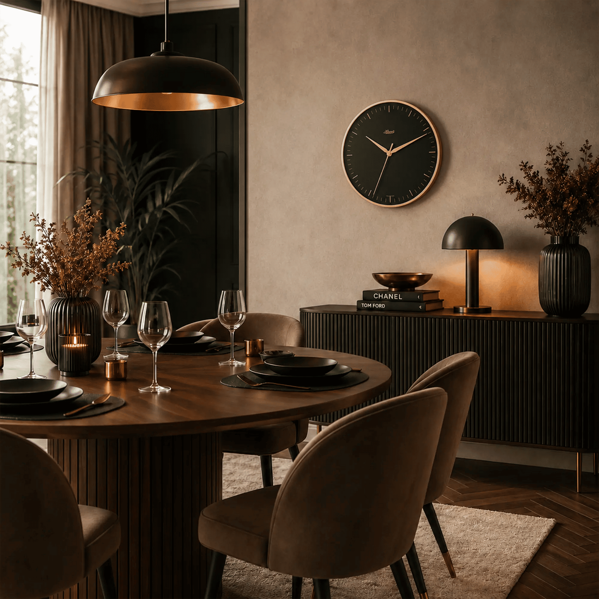 Wanduhr an der Wand: schwarzes Zifferblatt mit roségoldenen Zeigern und Metallrahmen