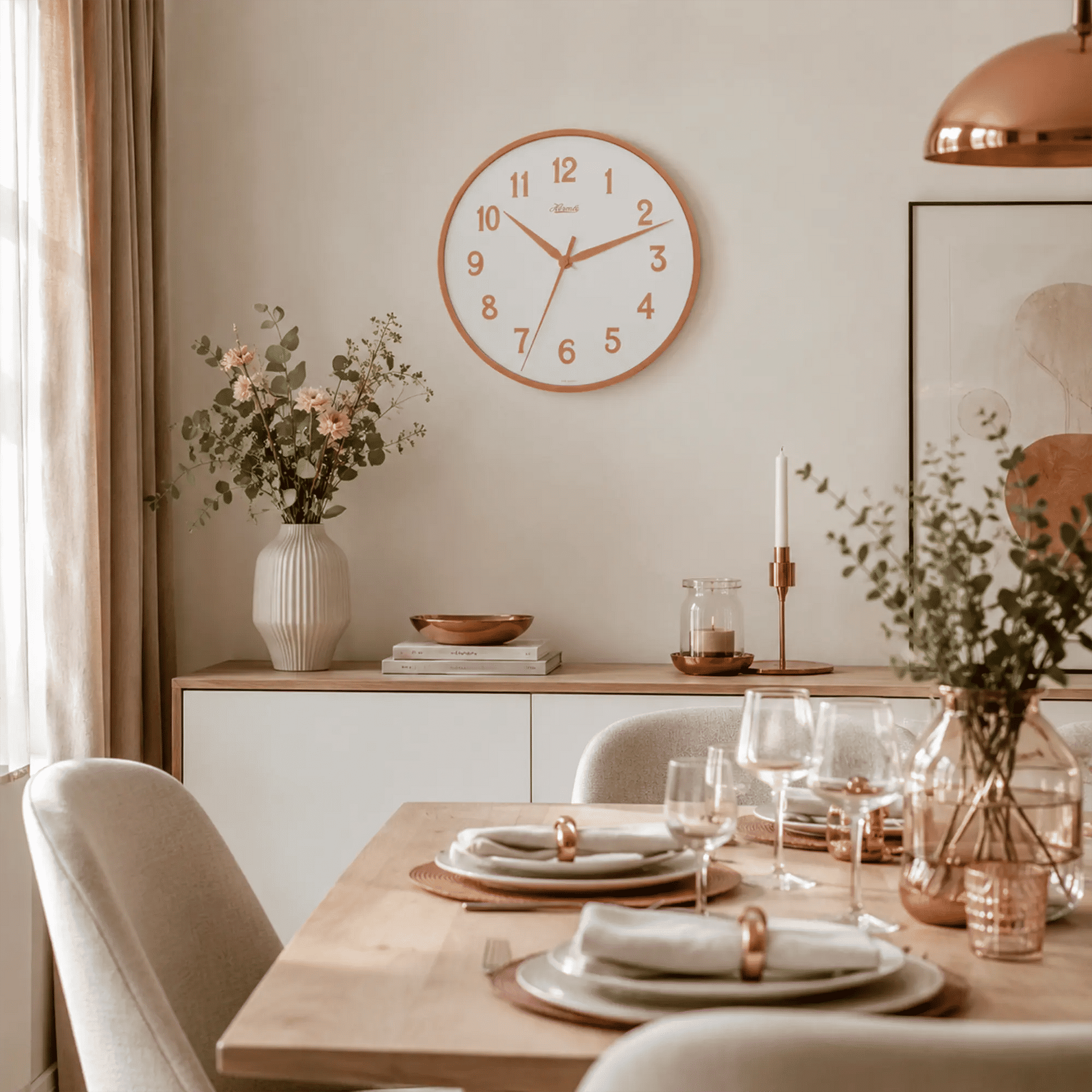 Wanduhr mit orangefarbenem Rahmen und weißem Zifferblatt; orangefarbene Zeiger und Ziffern