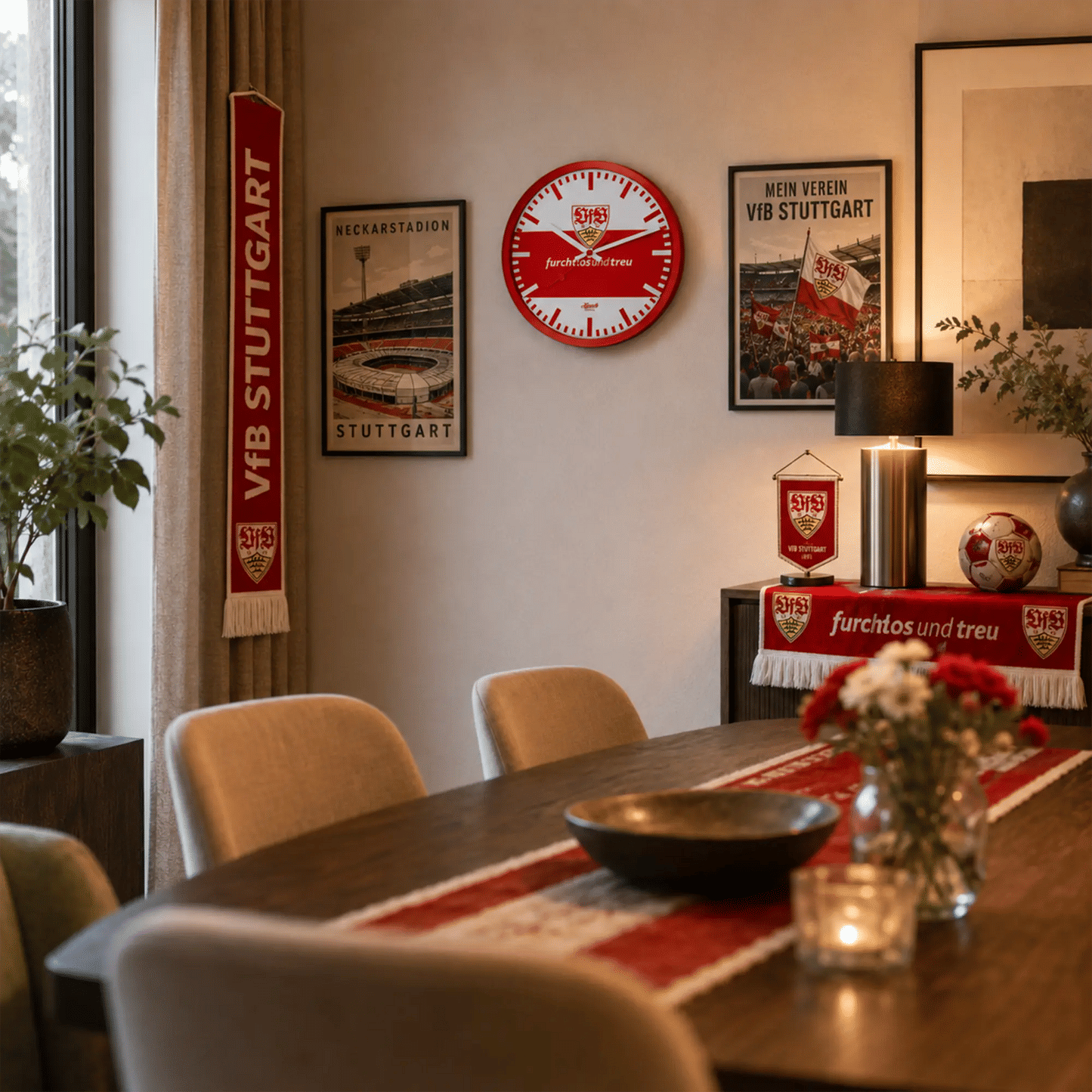 Wanduhr an der Wand, rund mit rotem Rahmen und weißem Rand, VfB-Emblem im Zentrum