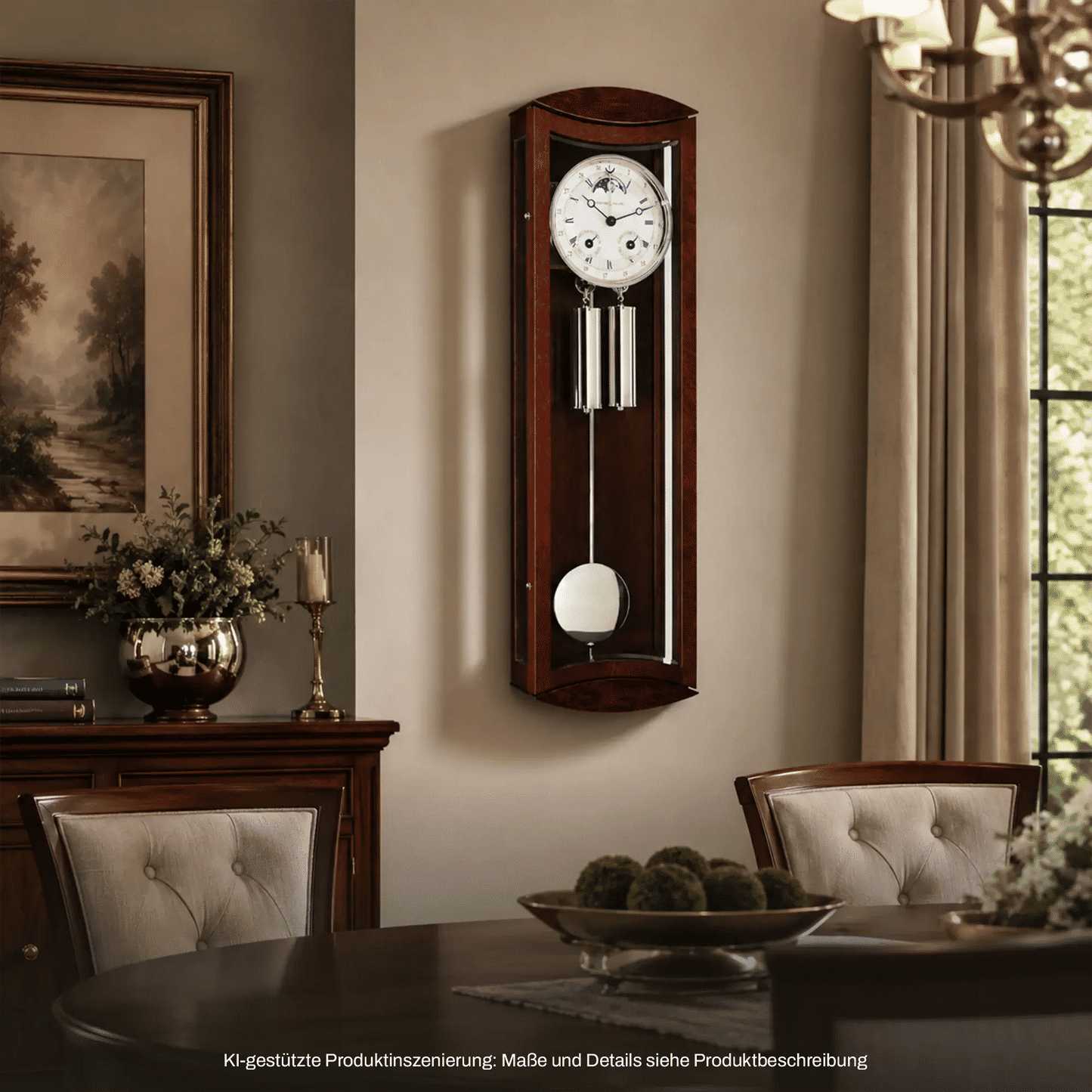 Wanduhr aus Holz mit rundem Zifferblatt und Pendel; rechteckiges Gehäuse