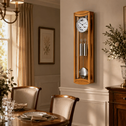 Wanduhr aus Holz mit rundem Zifferblatt, Glasfenster und Metallpendeln
