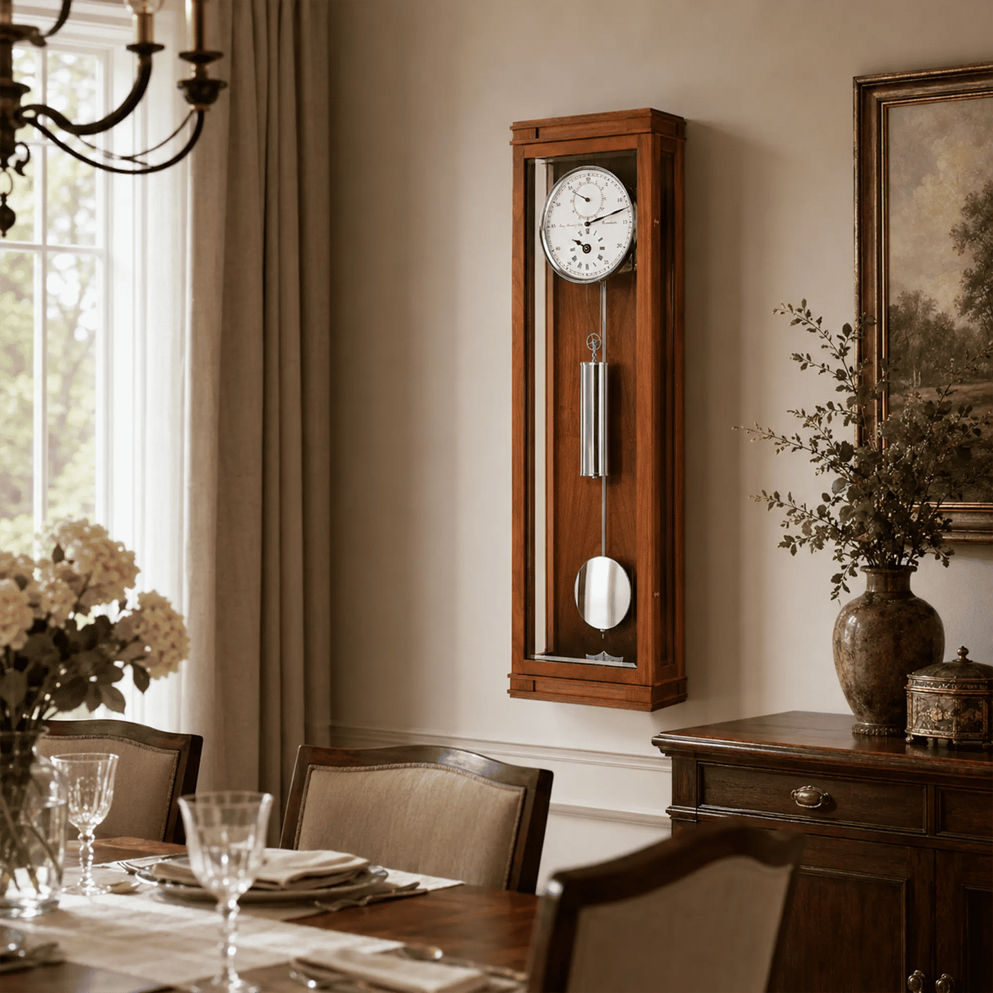 Wanduhr Kirschholz mit Glasfront, rundem Zifferblatt und schwingendem Pendel