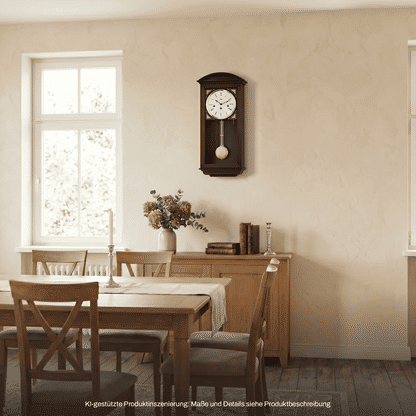 Wanduhr mit dunklem Holzgehäuse, weißem Zifferblatt und Pendelgewicht
