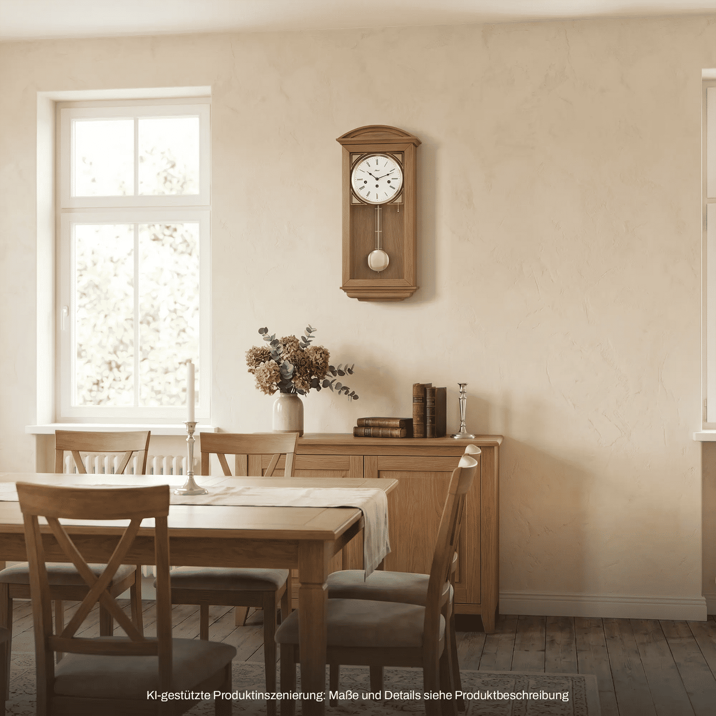 Holz-Wanduhr mit rundem Zifferblatt und Pendel-Detail, an der Wand montiert