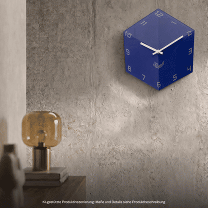 Blaue Würfel-Wanduhr mit weißen Zeigern und arabischen Ziffern am 3D-Zifferblatt