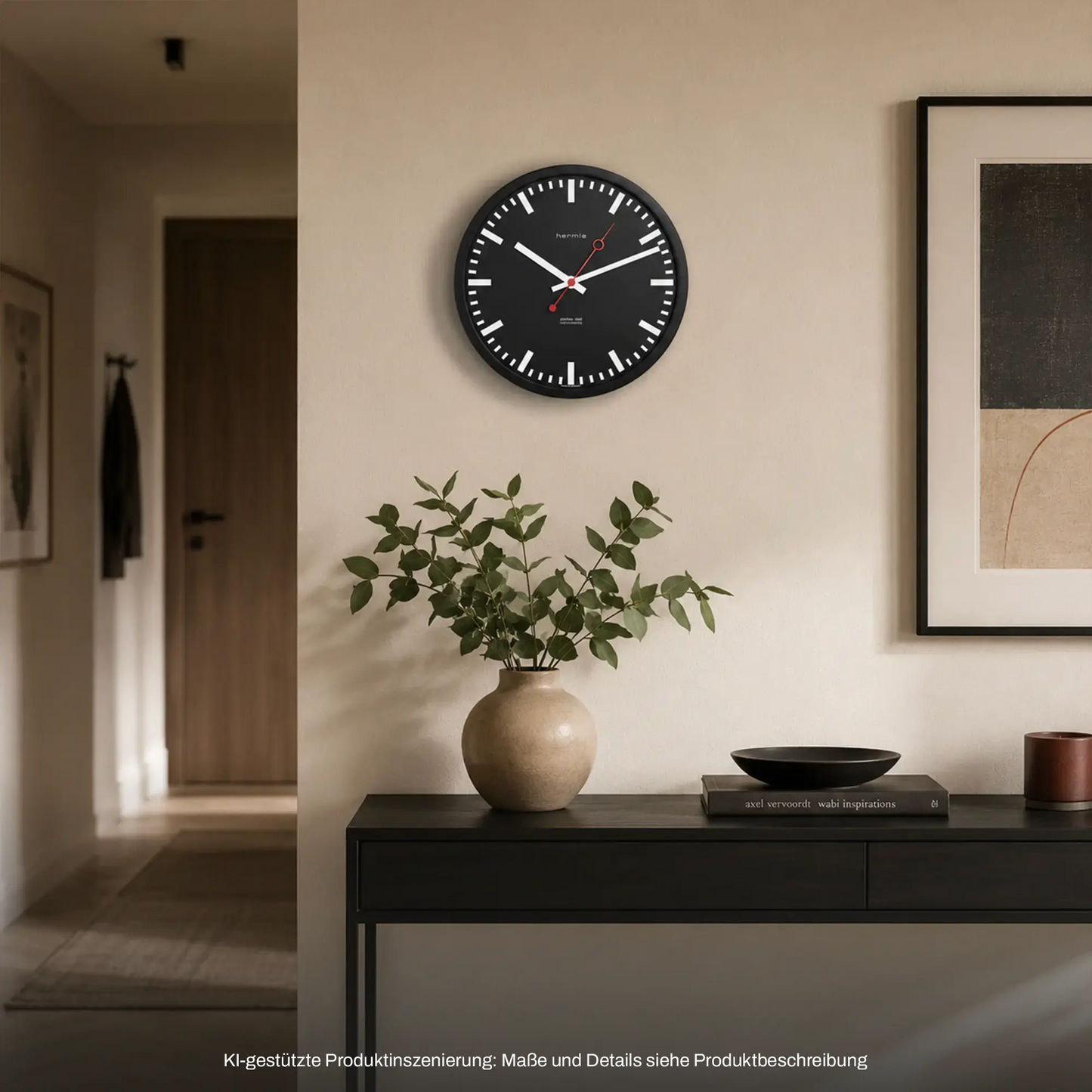 Wanduhr an der Wand mit schwarzem Zifferblatt, weißen Ziffern und roter Sekundenspitze
