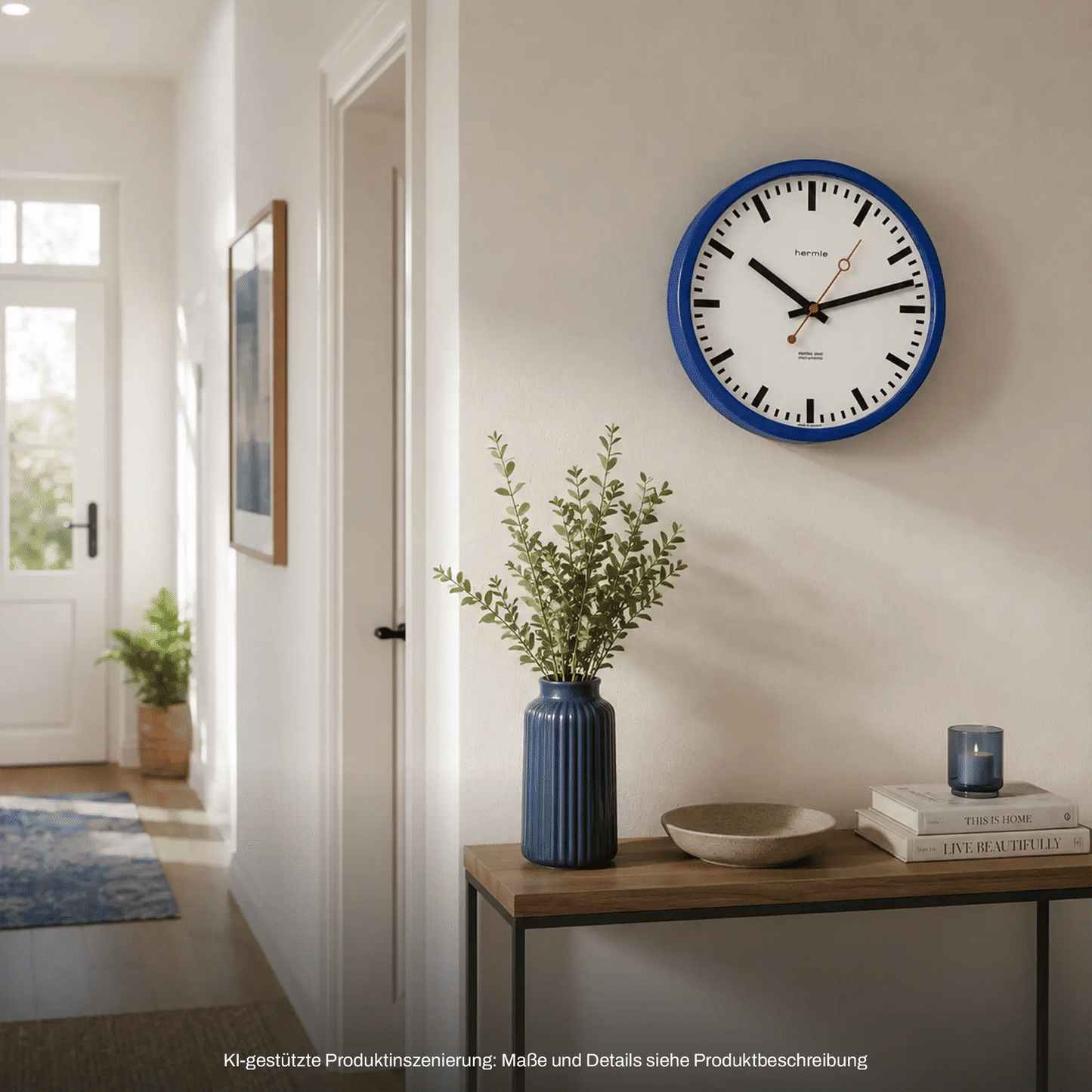 Hermle funkgesteuerte Wanduhr mit blauem Rahmen, rotem Sekundenzeiger